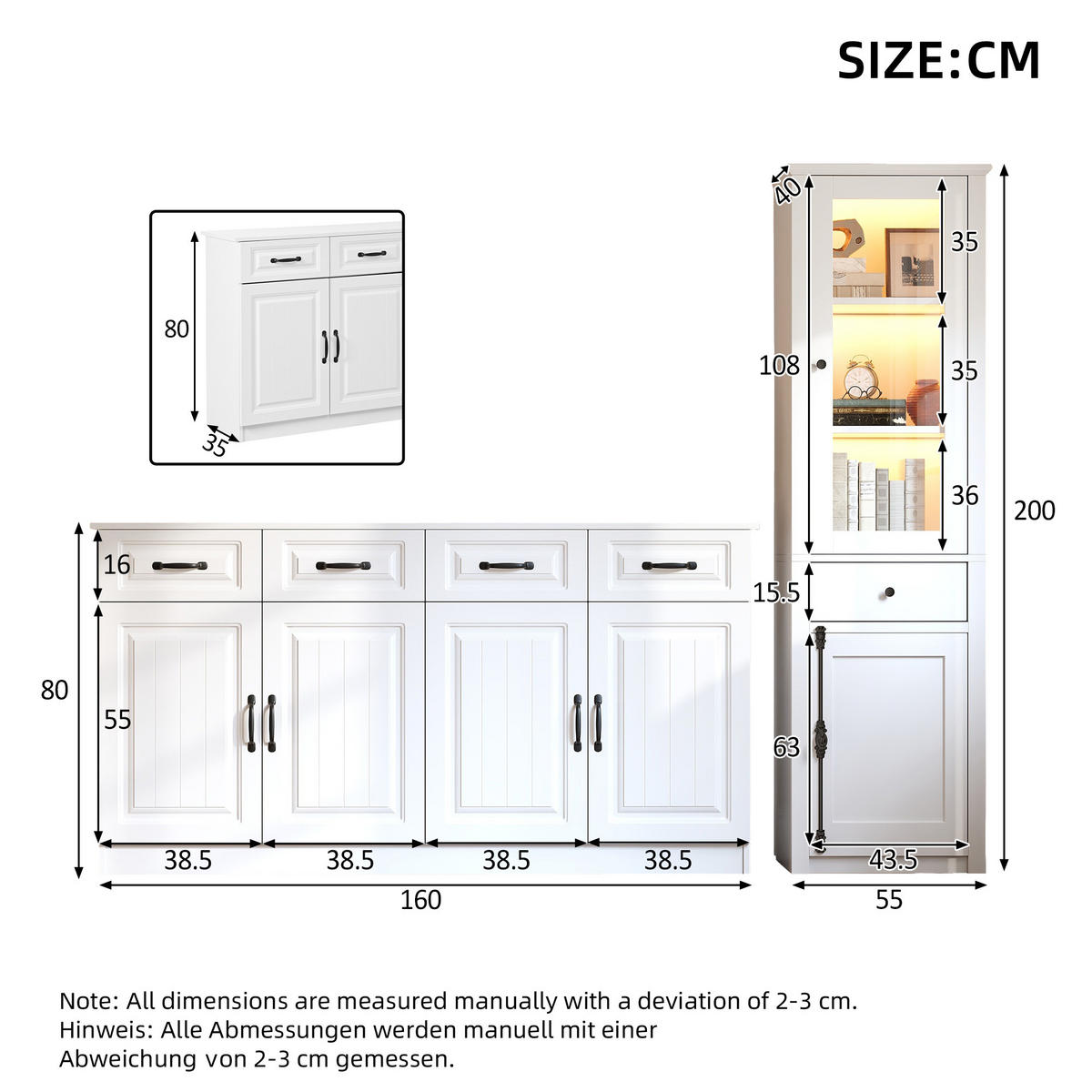 SCHRANK SET 2teilig Vitrine Weiß MDF Aufbewahrungsschrank - Weiß, Holzwerkstoff (160/80/35cm) - FLIEKS