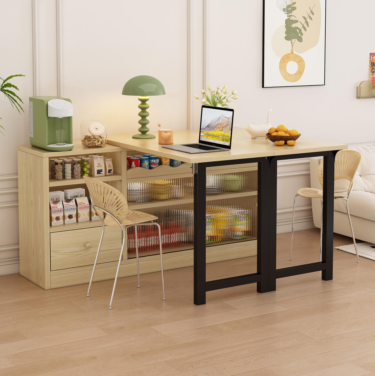 KLAPPBARER Esstisch mit Stauraum, ausziehbarer Tisch und Sideboard in einem, Natur/Schwarz - Naturfarben, Holzwerkstoff (110/120/75cm) - Redom