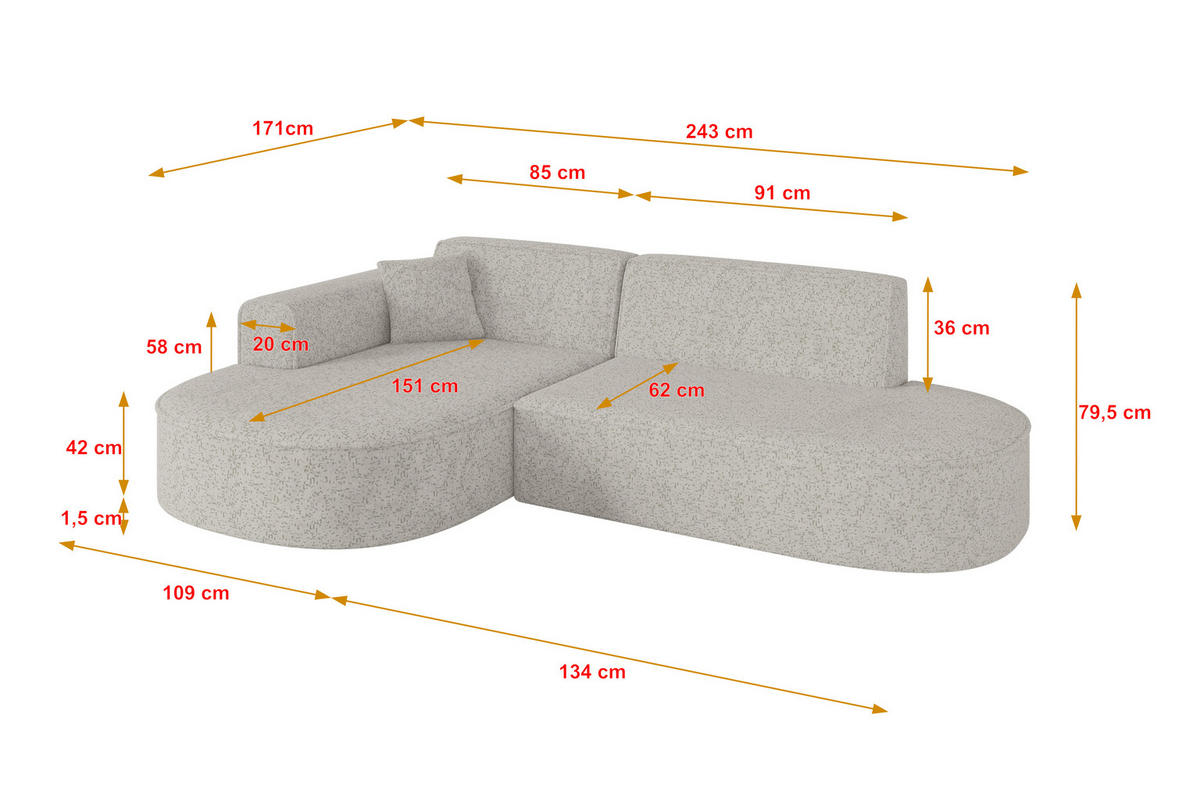 ECKSOFA Ottomane Links MARI-L1 - 243x171x79 cm Hellgrau Tissu - Hellgrau/Schwarz, Holzwerkstoff/Kunststoff (243/171cm) - ALTDECOR