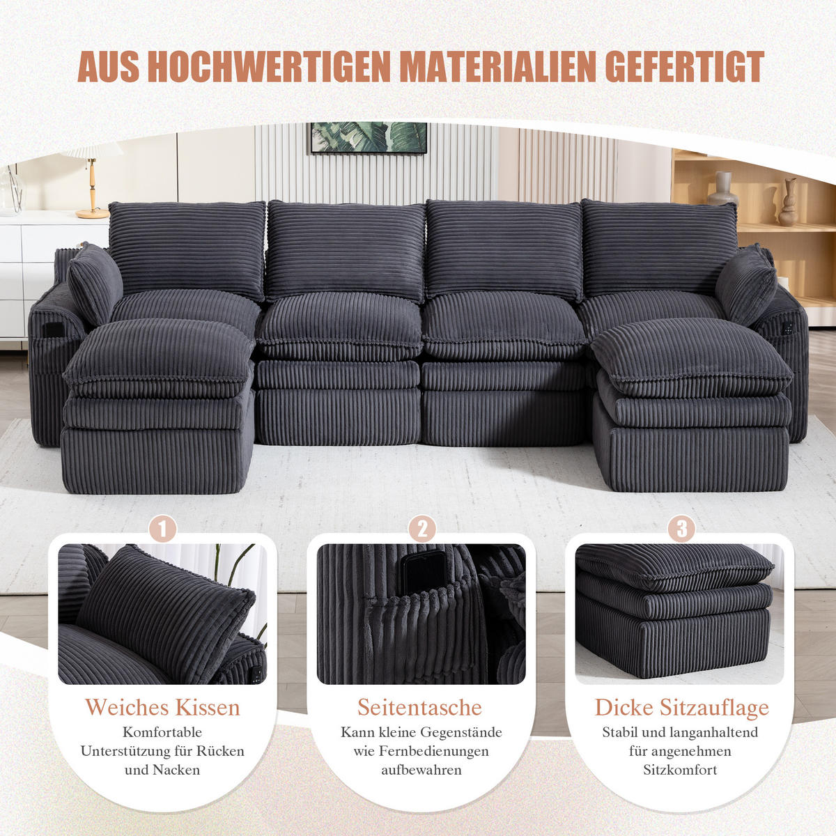 WOHNLANDSCHAFT Cord Dunkelgrau mit Kissen, Hocker und Seitentaschen - Dunkelgrau, Textil (335/85/167cm) - WISHDOR