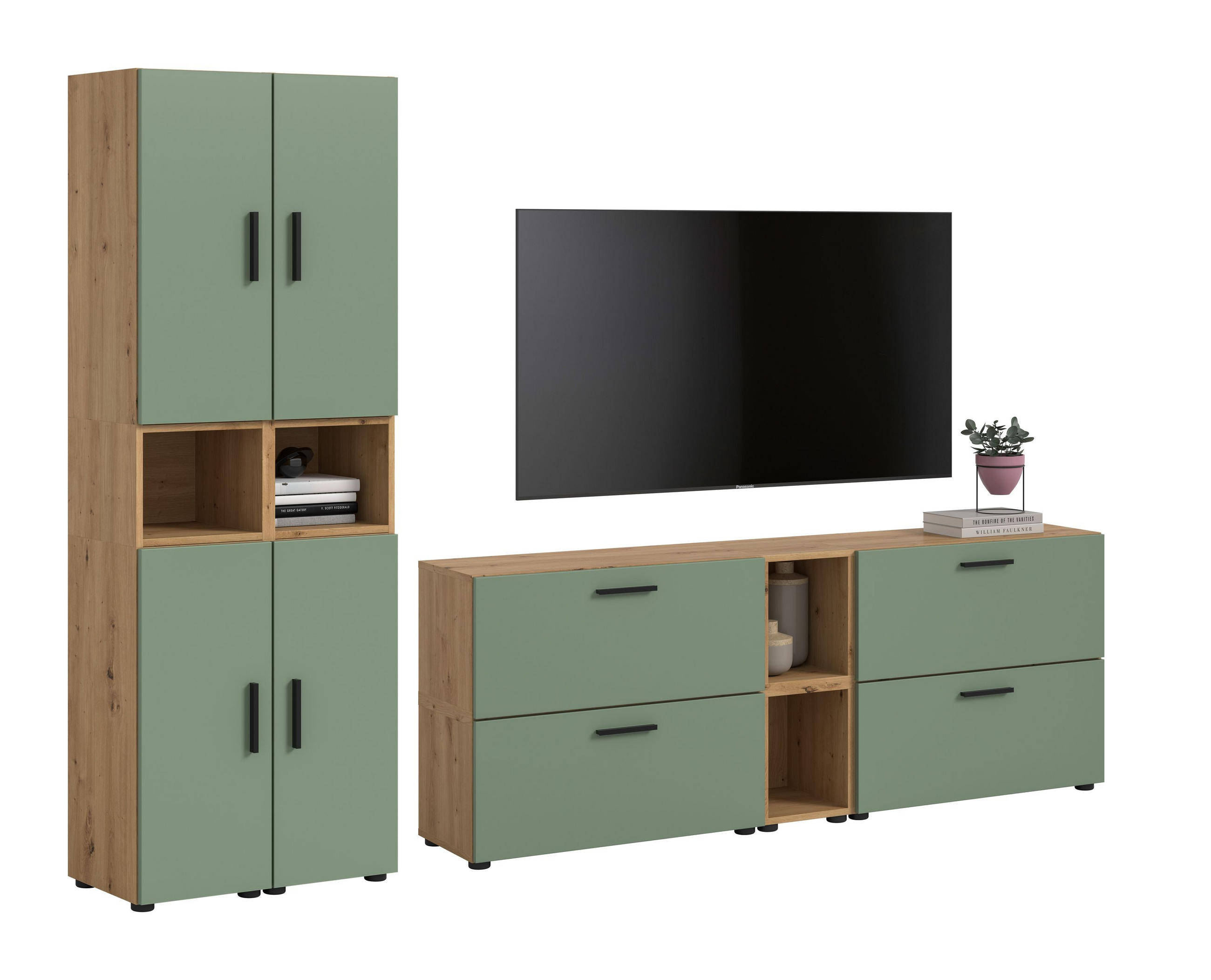 WOHNKOMBINATION THE ONE (B/H/T: ca. 259/182/34 cm) in Artisan Oak Nachbildung/Smoke Green - Eiche Artisan, Holzwerkstoff (259/182/34cm)