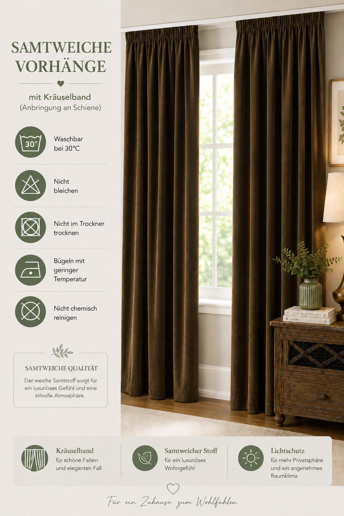 VORHANG Kräuselband Samt 140/145 cm braun - Braun, Textil (140/145cm) - TiborTex