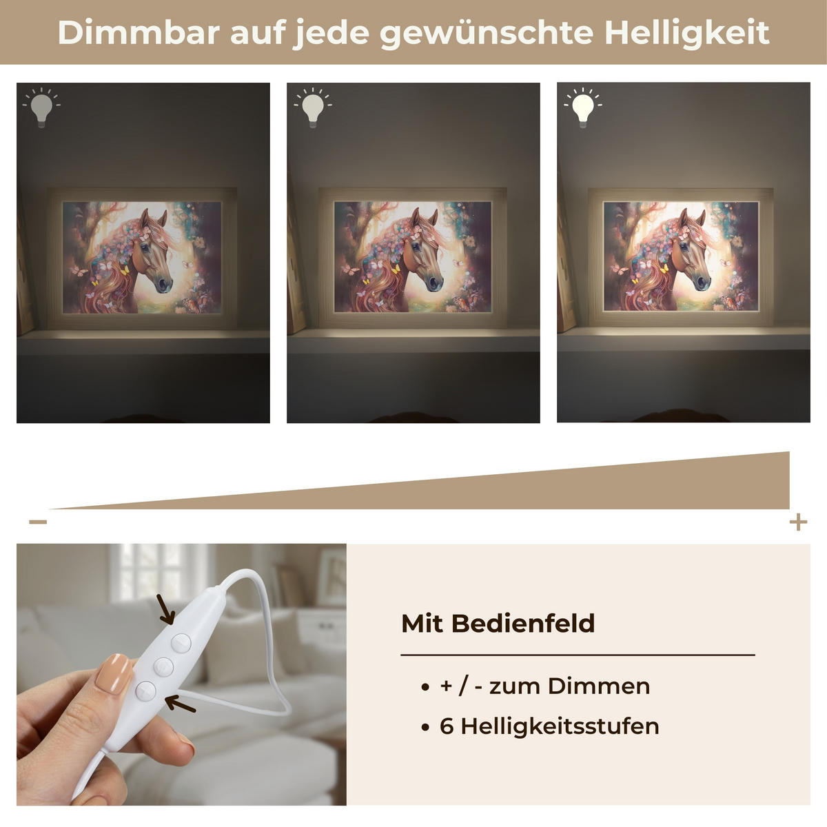 NÁSTĚNNÁ LAMPA Kůň - Příroda - Květiny - Motýli - Les 20x15 cm - tmavě hnědá, kompozitní dřevo (20/15/8cm) - OnlyWow