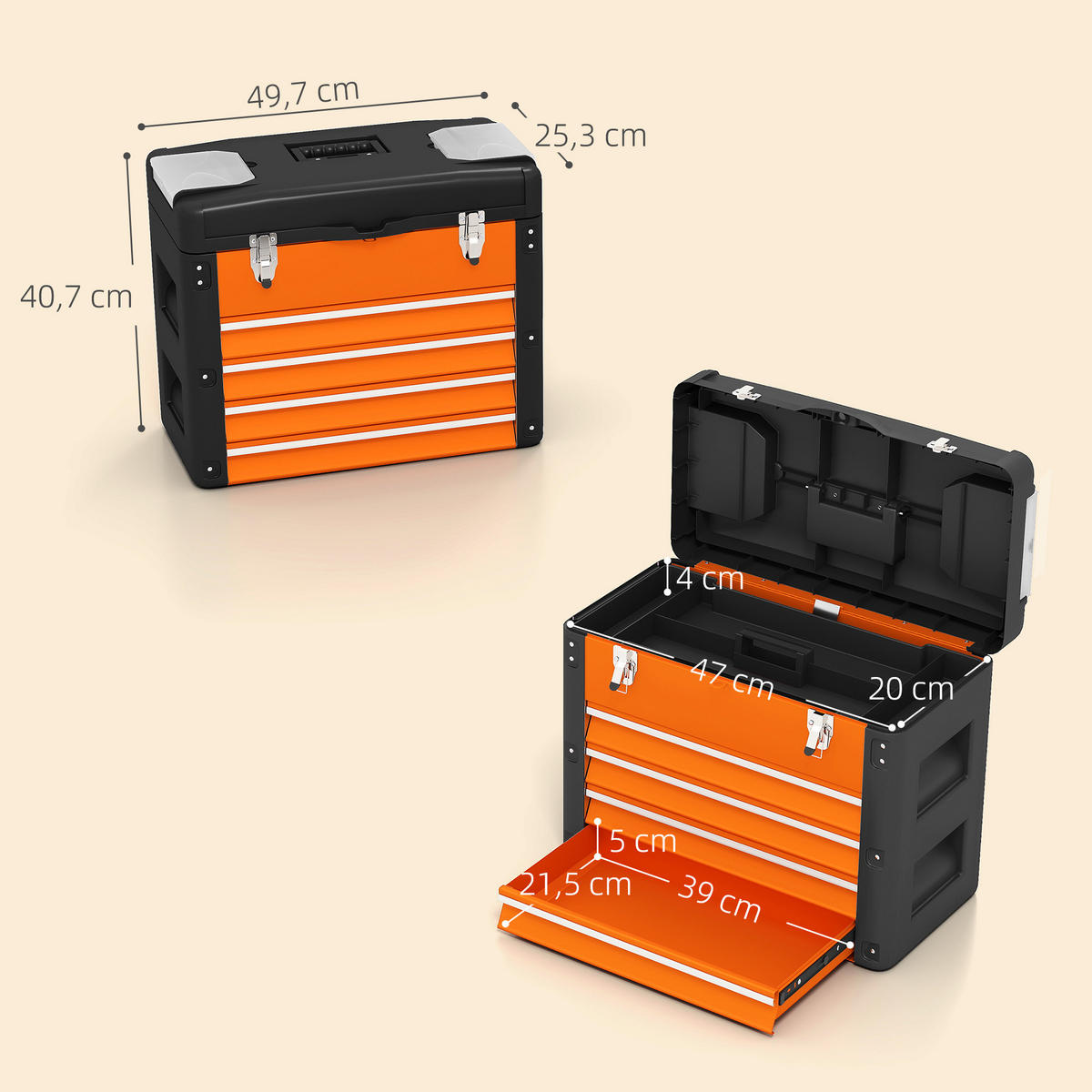 WERKZEUGKISTE leer, 49,7 x 25,3 x 40,7 cm Werkzeugkasten aus Stahl, Orange - Orange, Metall (49.7/40.7/25.3cm) - HOMCOM