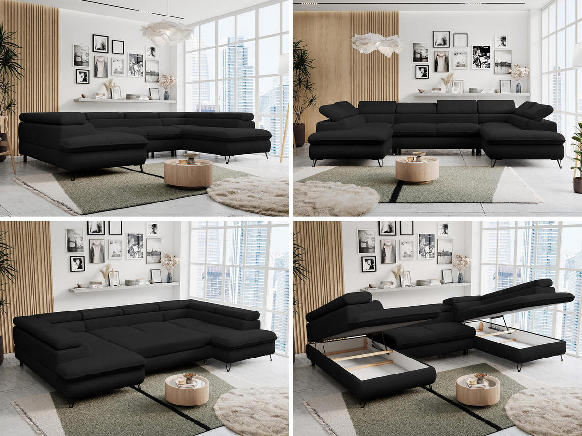 WOHNLANDSCHAFT PETER U Boucle Schwarz - Schwarz, Textil/Metall (346/76/208cm) - MKS