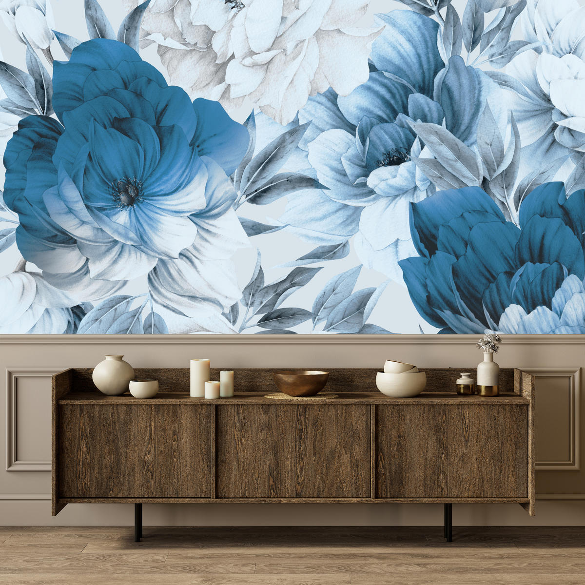 FOTOTAPETE für Wohnzimmer Blaue Pfingstrosen Zart Blumen Boho 500x350 - Blau/Weiß, Papier (500/350cm) - Muralo