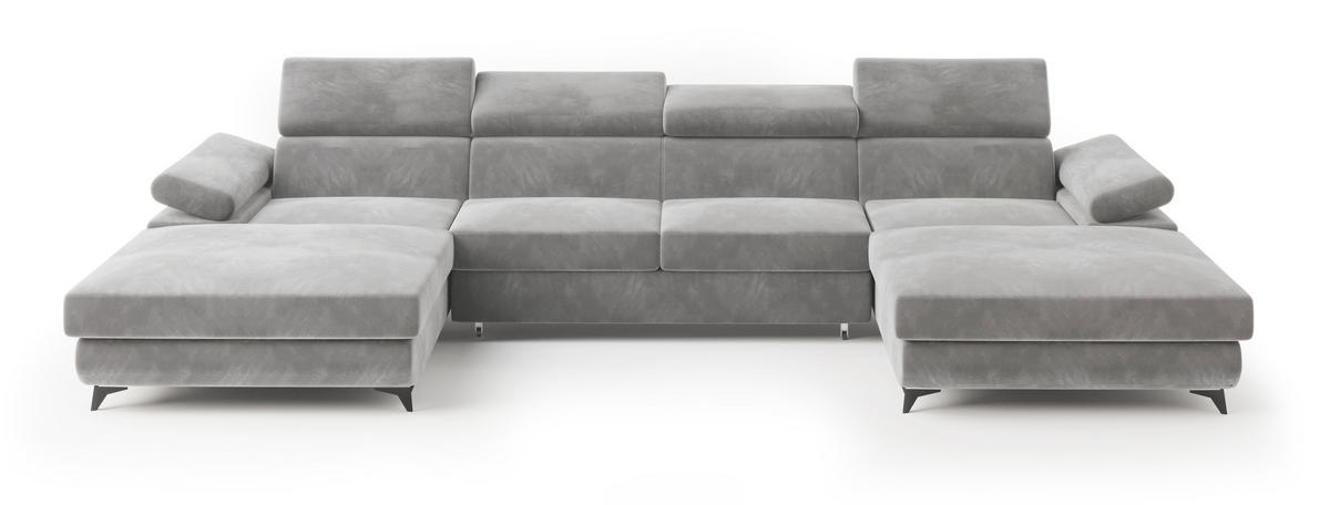 WOHNLANDSCHAFT DETTI Hellgrau Velours-Stoff mit Schlaffunktion - Hellgrau, Holz (339/89/190cm) - MASSENO