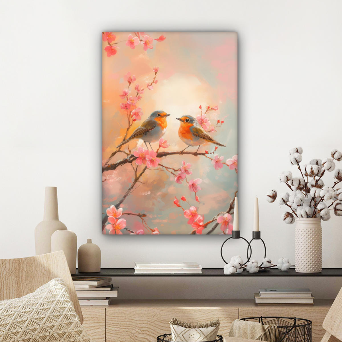 LEINWANDBILD Rotkehlchen - Zierpflanze - Blütenzweig Wanddeko 40x60 cm - Hellrosa, Textil (40/60cm) - MuchoWow