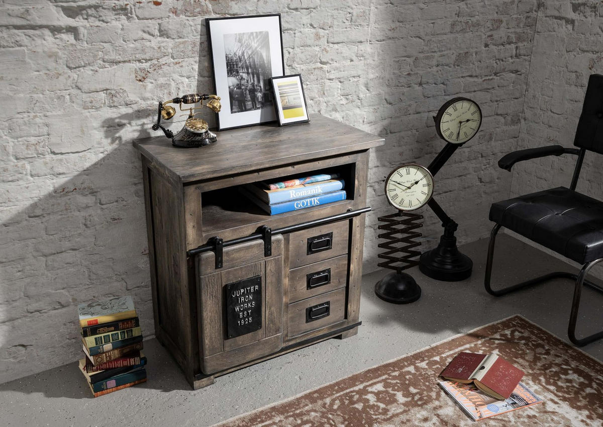 KOMMODE Mango 80x45x85 grau lackiert RAILWAY #210 - Grau, Holz (80/85/45cm) - Massivmoebel24