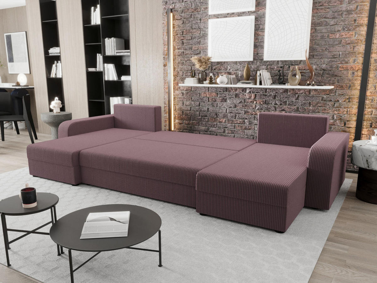 WOHNLANDSCHAFT HEWLET U BIS Zoom 17 mit Schlaffunktion - Dunkelrosa, Textil (305/90/140cm) - Bedante