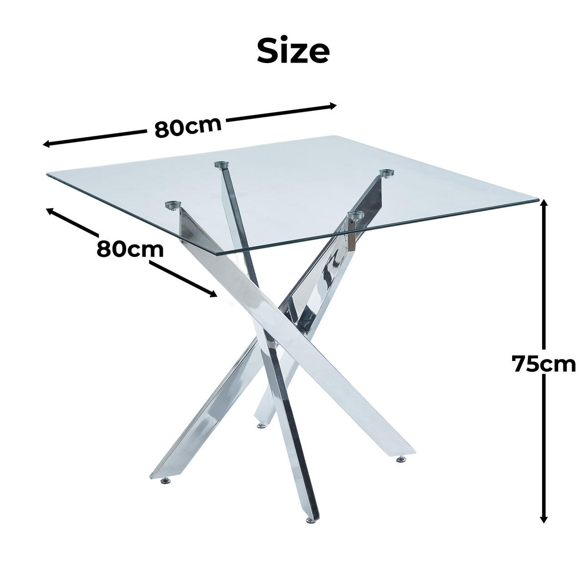 ESSTISCH 80/80/75 cm silber aus Glas mit Metallkreuzgestell - Silberfarben, Metall (80/80/75cm) - OKWISH