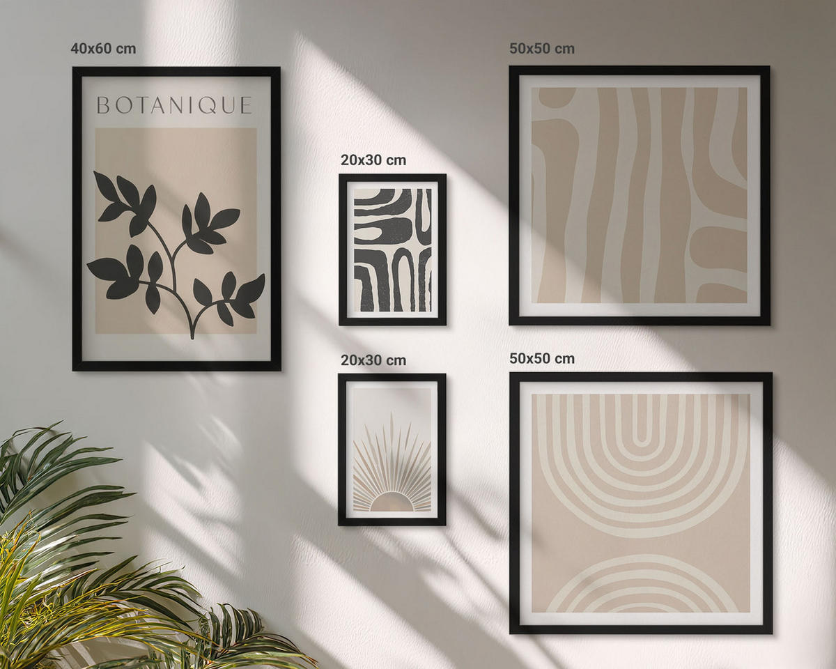 BILDER SET 5er Set - 50x50 cm & 20x30 cm & 40x60 cm Schwarzer Rahmen - Abstrakte Pflanzenmuster - Schwarz, Kunststoff (40/60cm) - TULUP