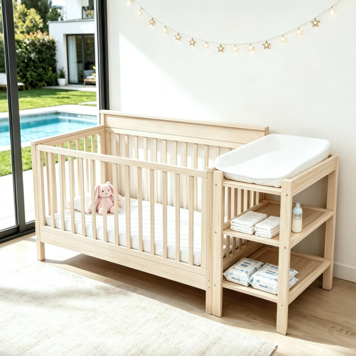 KINDERBETT 140/70 cm in Natur aus Kiefernholz mit Wickeltisch, Regal und Schutzgitter - Naturfarben, Holz/Holzwerkstoff (70/140cm) - WISHDOR