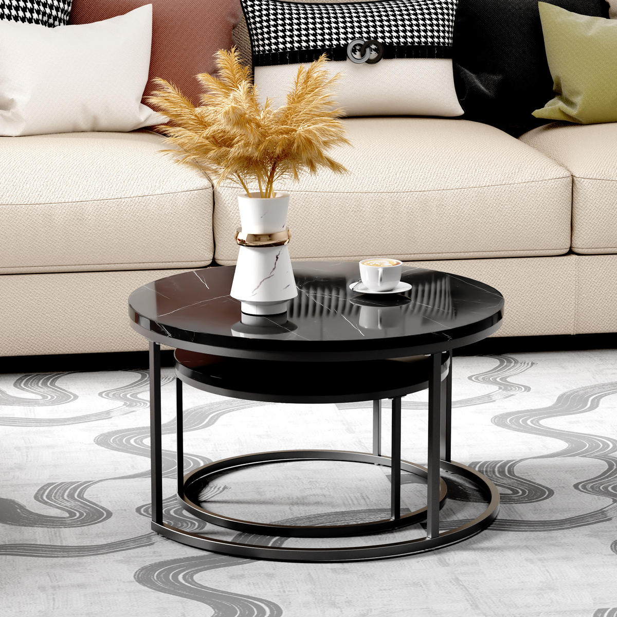 COUCHTISCH in Schwarz Hitzebeständiger Wohnzimmertisch mit Marmor-Optik Platte Sofatisch mit Metallgestell - Schwarz, Holzwerkstoff/Metall (80/80/45cm) - STILVORA