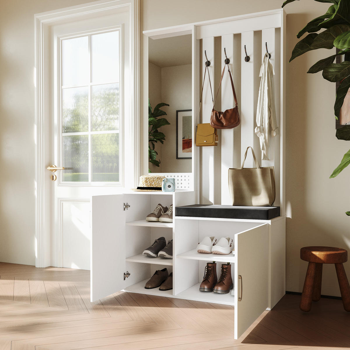 GARDEROBE 6-in-1 Weiß mit Spiegel, Sitzbank und Schuhschrank für den Flur - Weiß, Holzwerkstoff (40/180/100cm) - SHOPENTRA