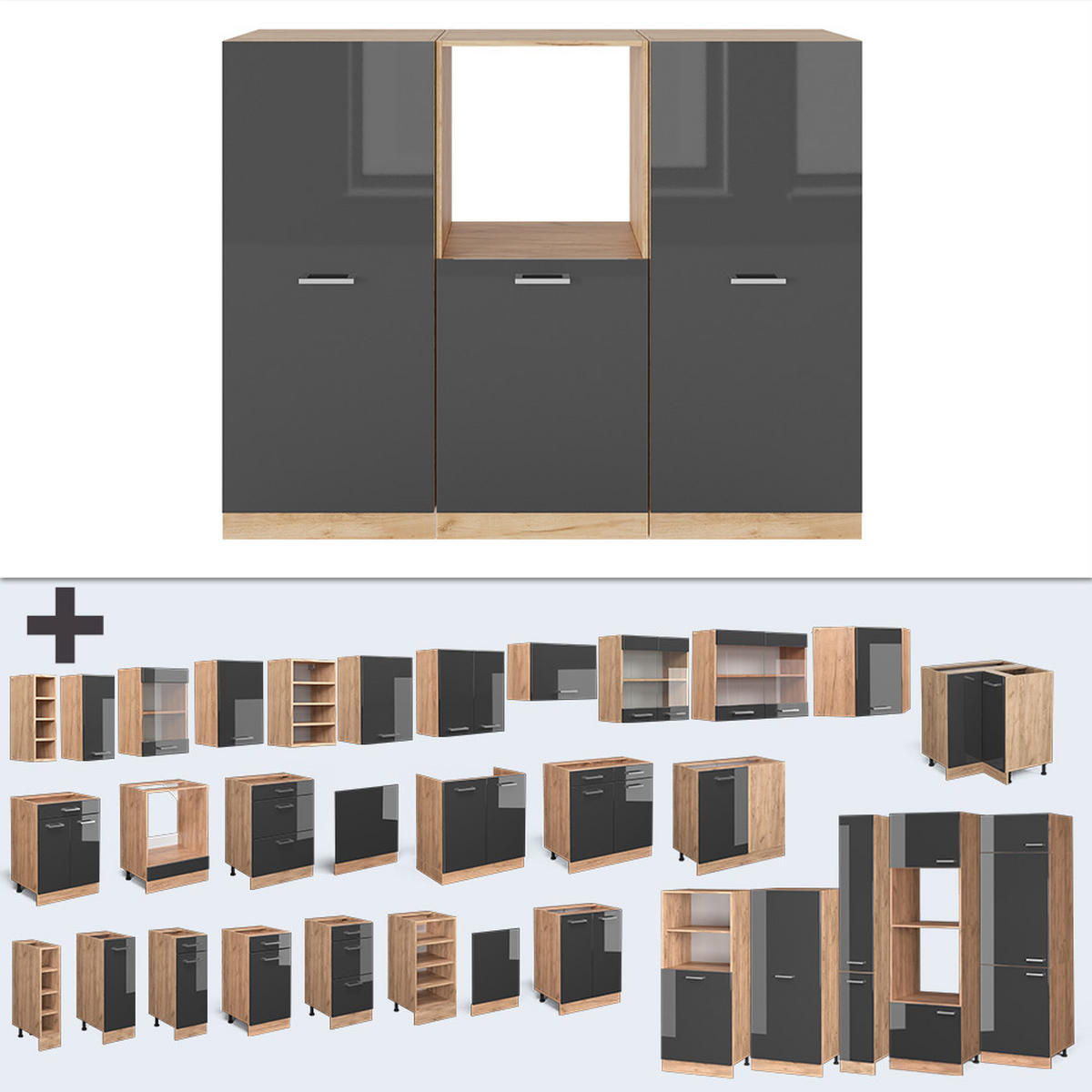 KÜCHENBLOCK R-Line Anthrazit Hochglanz/Goldkraft Eiche 180 cm ohne AP - Honigeiche/Anthrazit, Holzwerkstoff (180/81.6/46cm) - Vicco