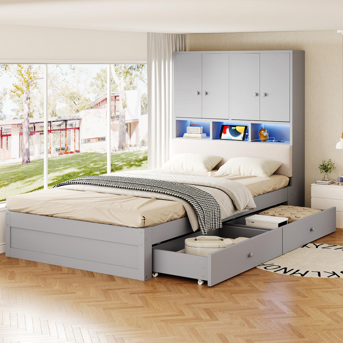 STAURAUMBETT 90/200 cm mit Stauraum, LED und 2 Schubladen, DE-41627, in Grau - Grau, Holzwerkstoff (90/200cm) - ComfortXL