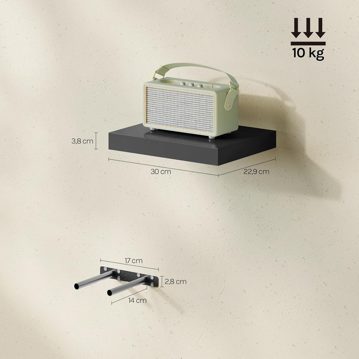 WANDREGAL Freischwebend Schwarz 30B x 22,9L x 3,8H - Schwarz Hochglanz, Holz (30/3.8/22.9cm) - Woltu