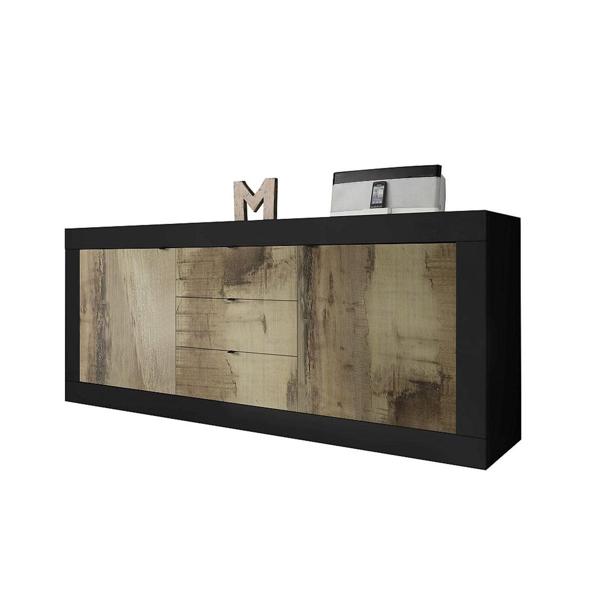 SIDEBOARD 2 Türen 3 Schubladen L210 cm - Initial - Schwarz, Holzwerkstoff (42/85.8/210cm) - Calicosy