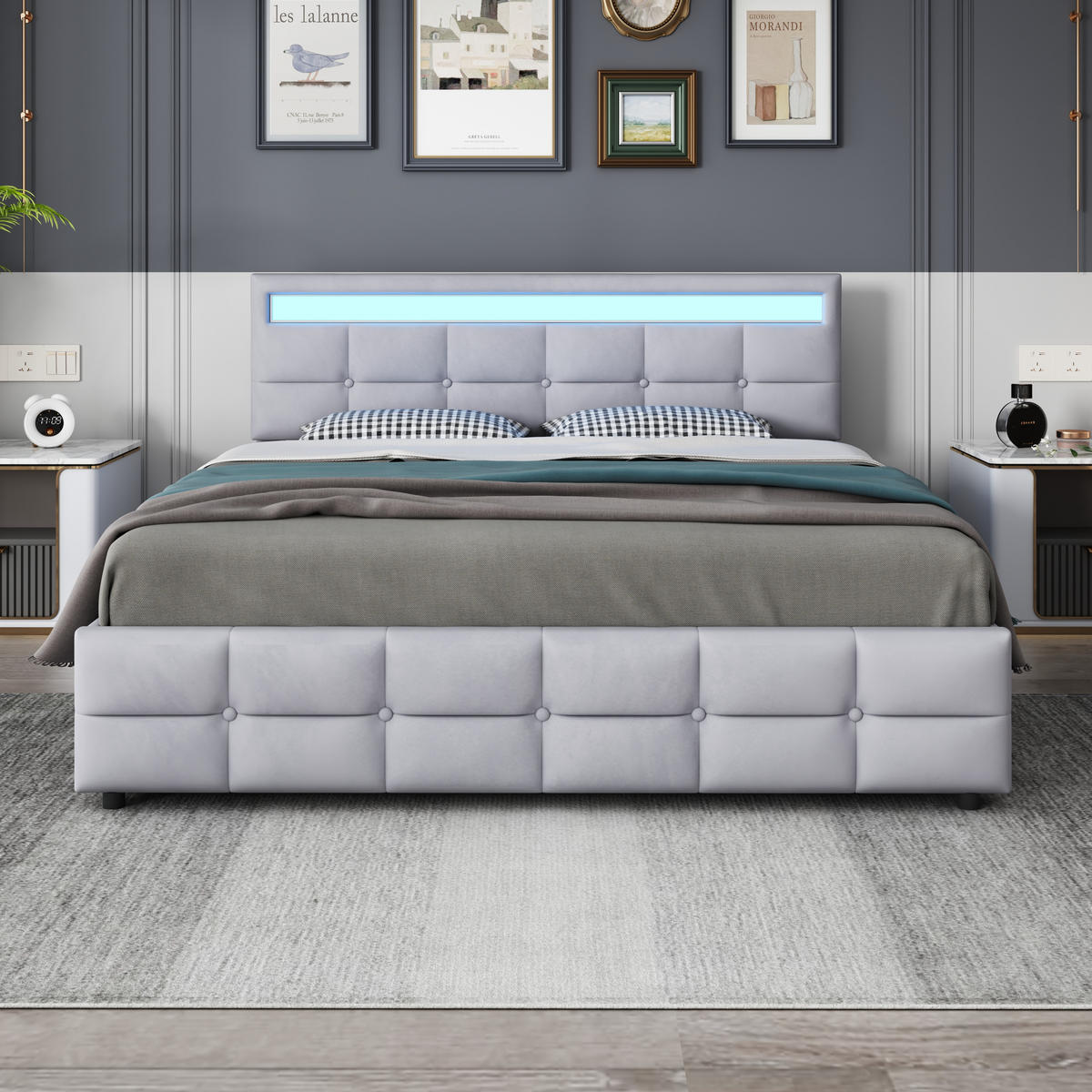 POLSTERBETT 180/200 cm grau LED-Bett mit 4 Schubladen - Grau, Textil (180/200cm) - OKWISH