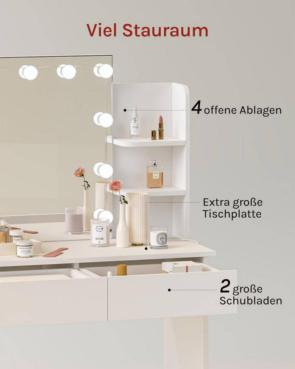 SCHMINKTISCH mit LED-Beleuchtung 90 cm Weiß - Weiß, Glas/Holzwerkstoff (90/40/135cm) - Woltu