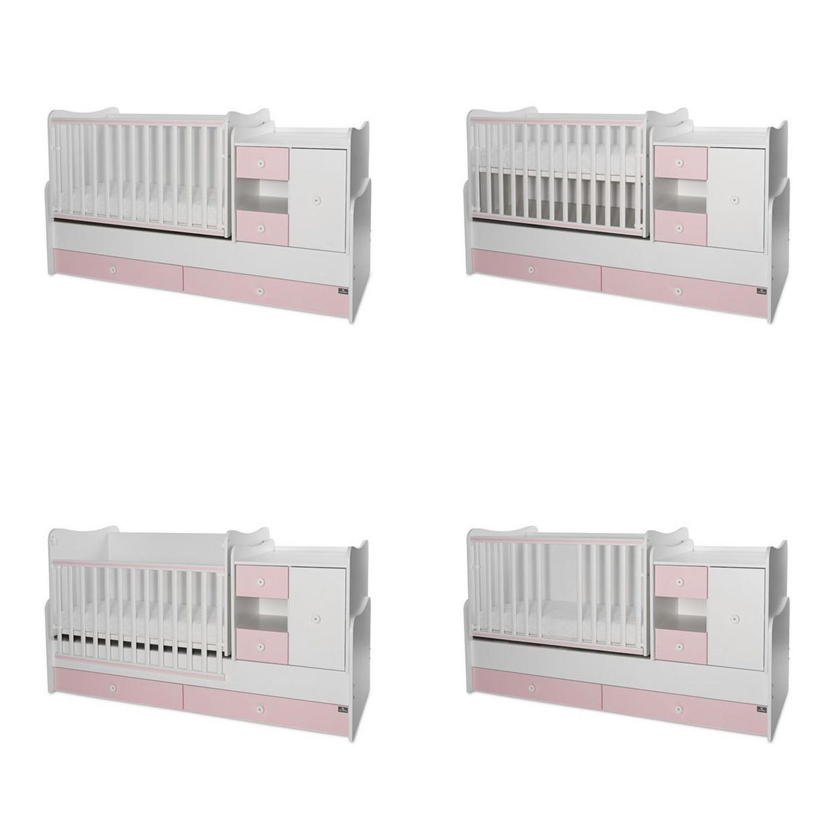BABYBETT Mini Max 3 in 1 pink 120 x 60 cm, Jugendbett 190 x 72 cm, Wickelkommode, Schaukelfunktion - Rosa, Holzwerkstoff (72/190cm) - Lorelli
