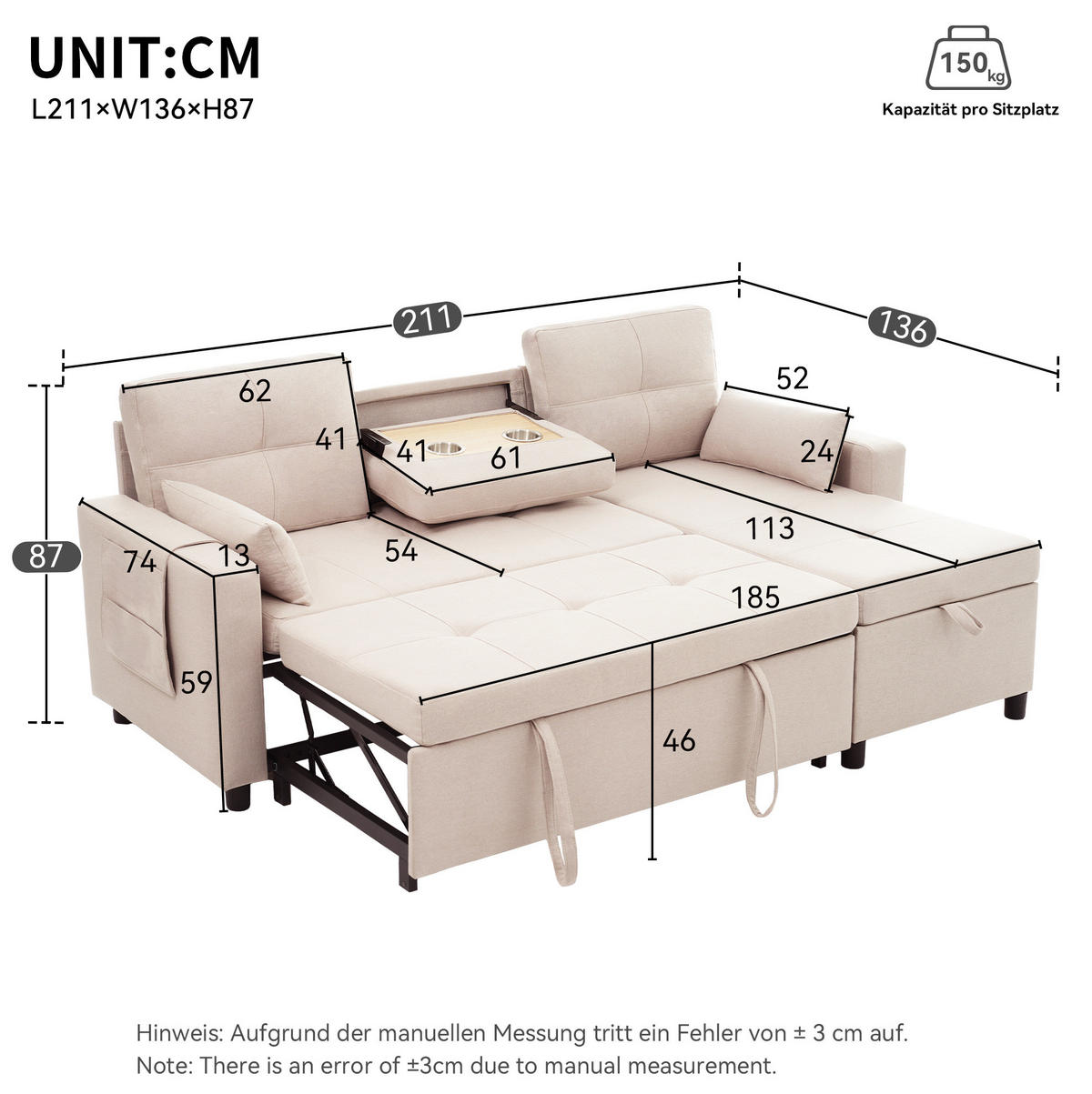 L-FÖRMIGES Schlafsofa aus Leinen mit Stauraum & Getränkehalter, 211/136/87 cm, Beige - Beige, Textil (136/87/211cm) - Redom