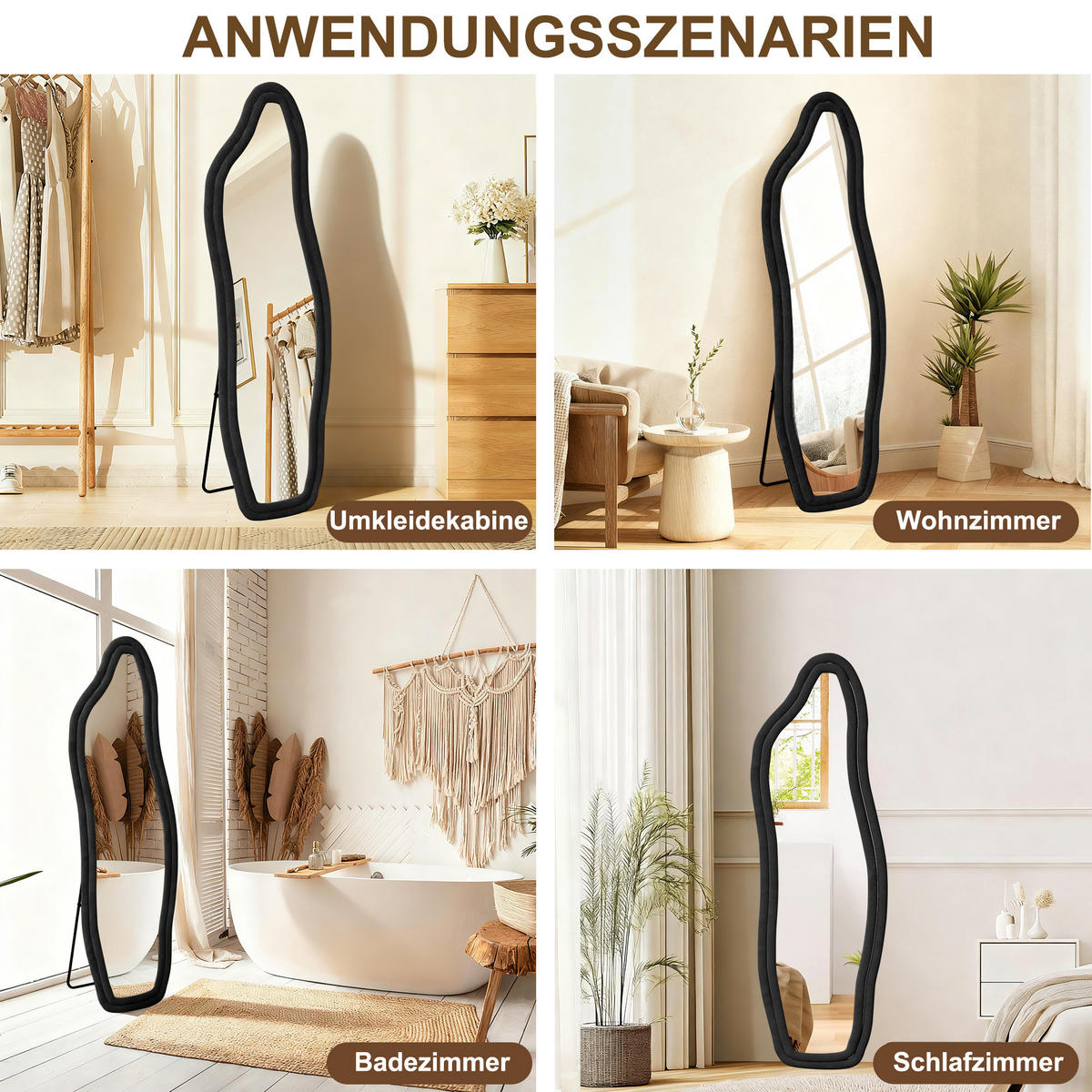 STANDSPIEGEL 160 x 50 cm, Spiegel in Delfinform, Wandspiegel,Samtrahmen, schwarz - Schwarz, Glas/Textil (50/160/3cm) - WoodenAura