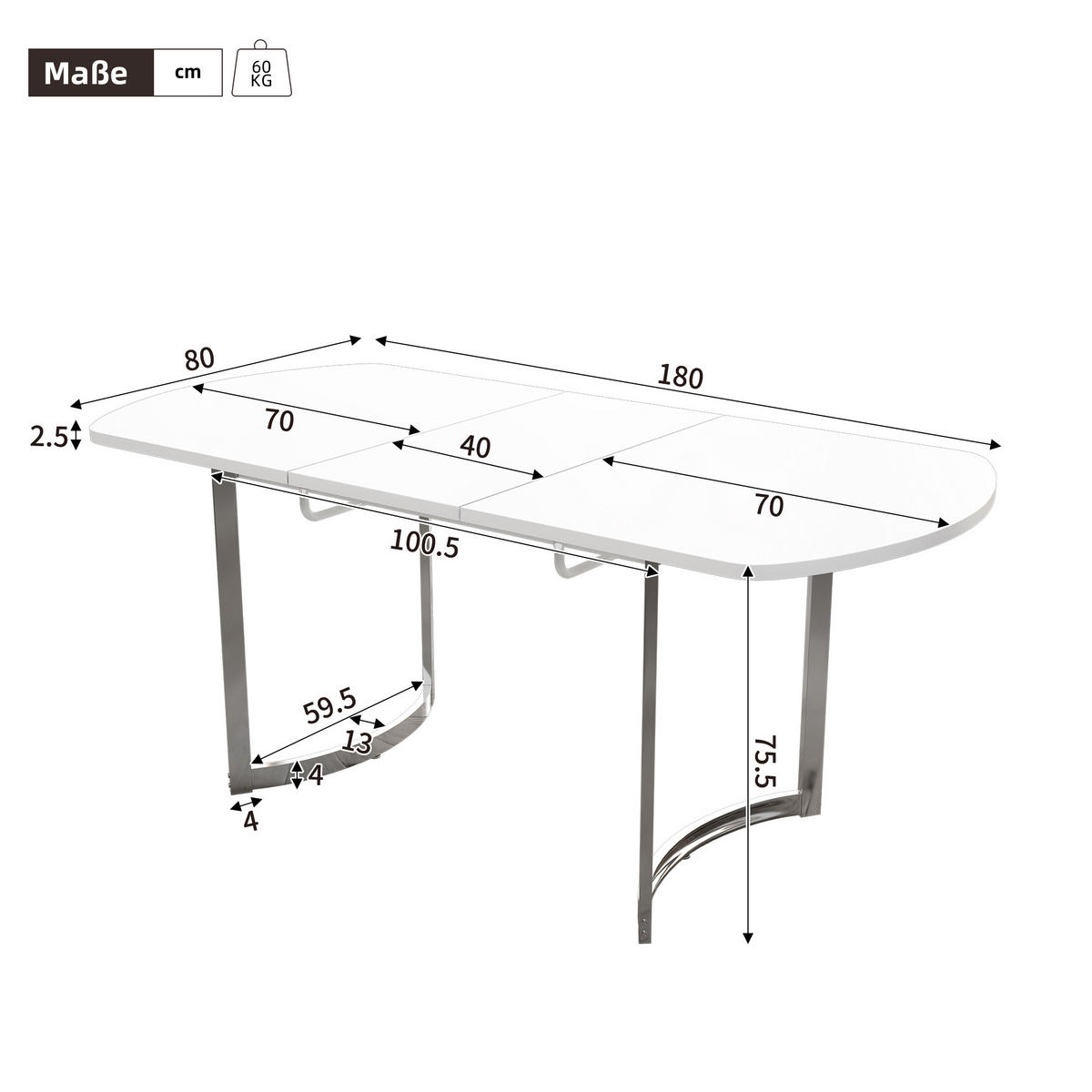 ESSTISCH Ausziehbarer 140/180/80 cm weiß mit versilberten Tischbeinen - Weiß, Holzwerkstoff (180/80/75cm) - OKWISH
