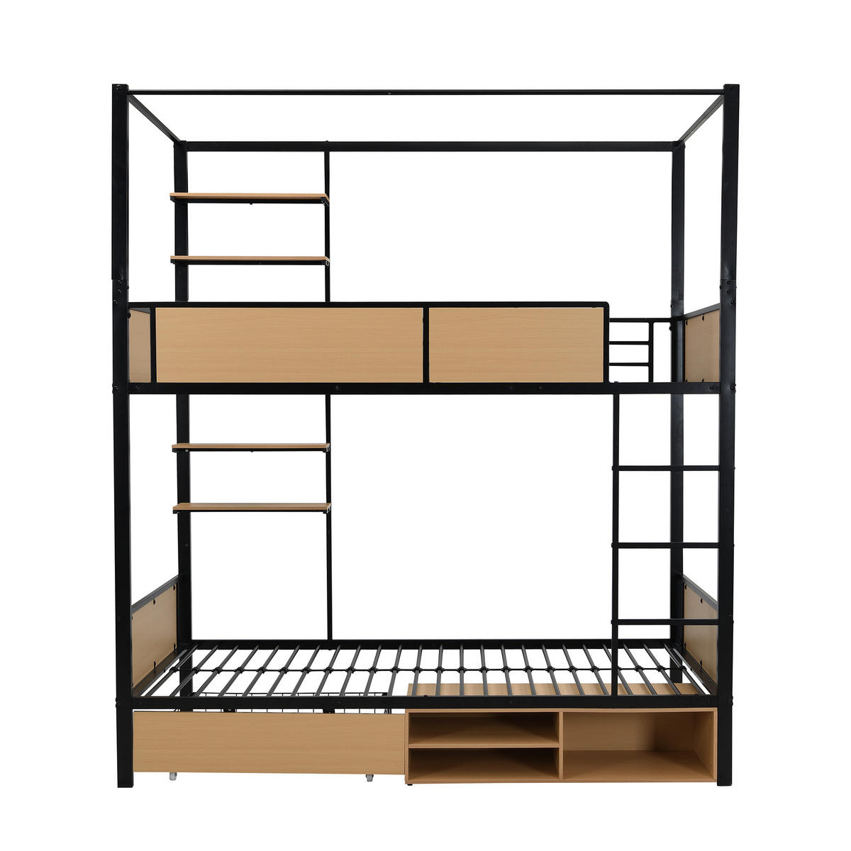 ETAGENBETT 90/200 cm mit Treppe, Ablageflächen und Stauraum aus Metall und MDF, Schwarz/Natur - Schwarz, Holzwerkstoff (90/200cm) - Redom