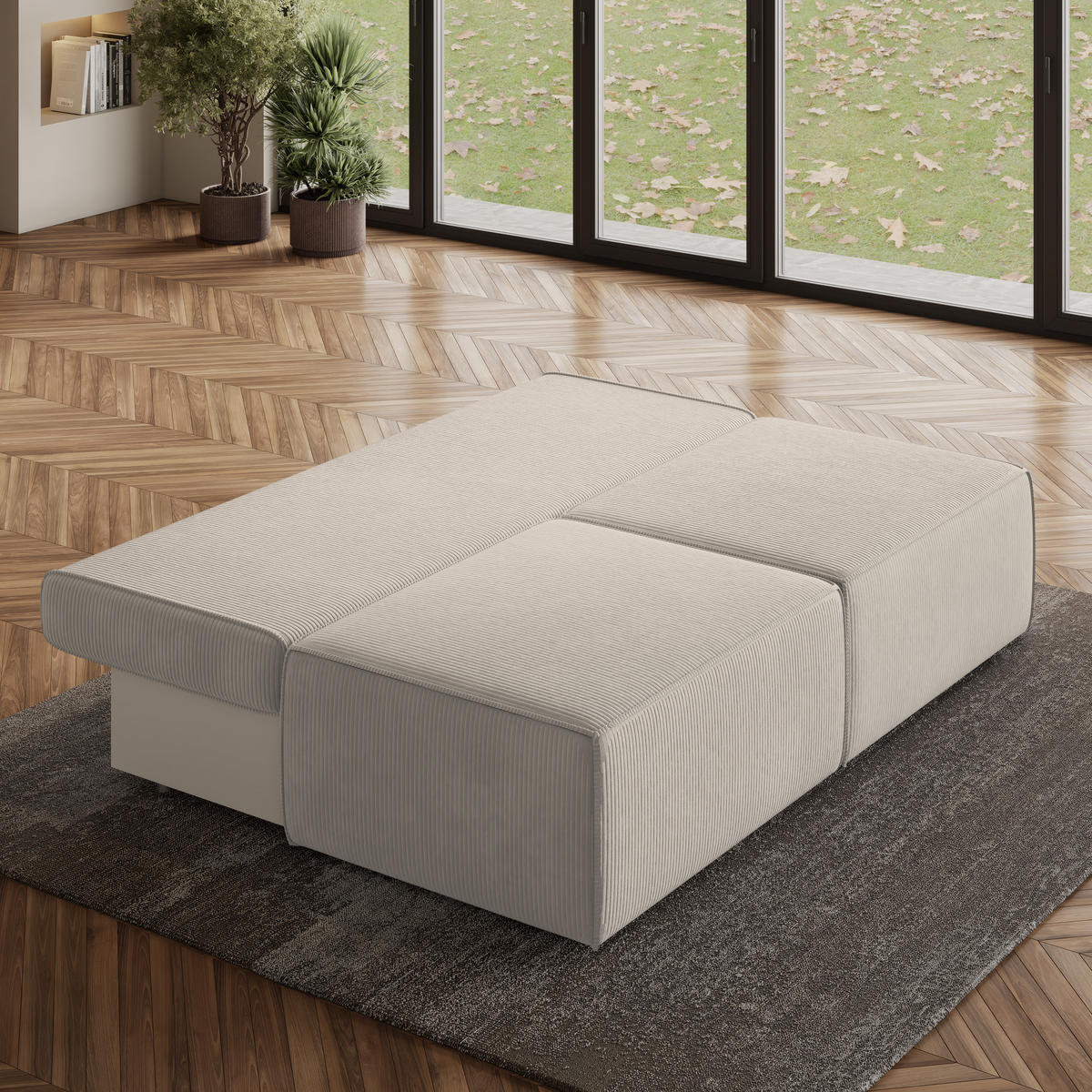 ECKSOFA VARNA P Creme Kordstoff mit Schlaffunktion - Creme, Holz (196/158cm) - MASSENO
