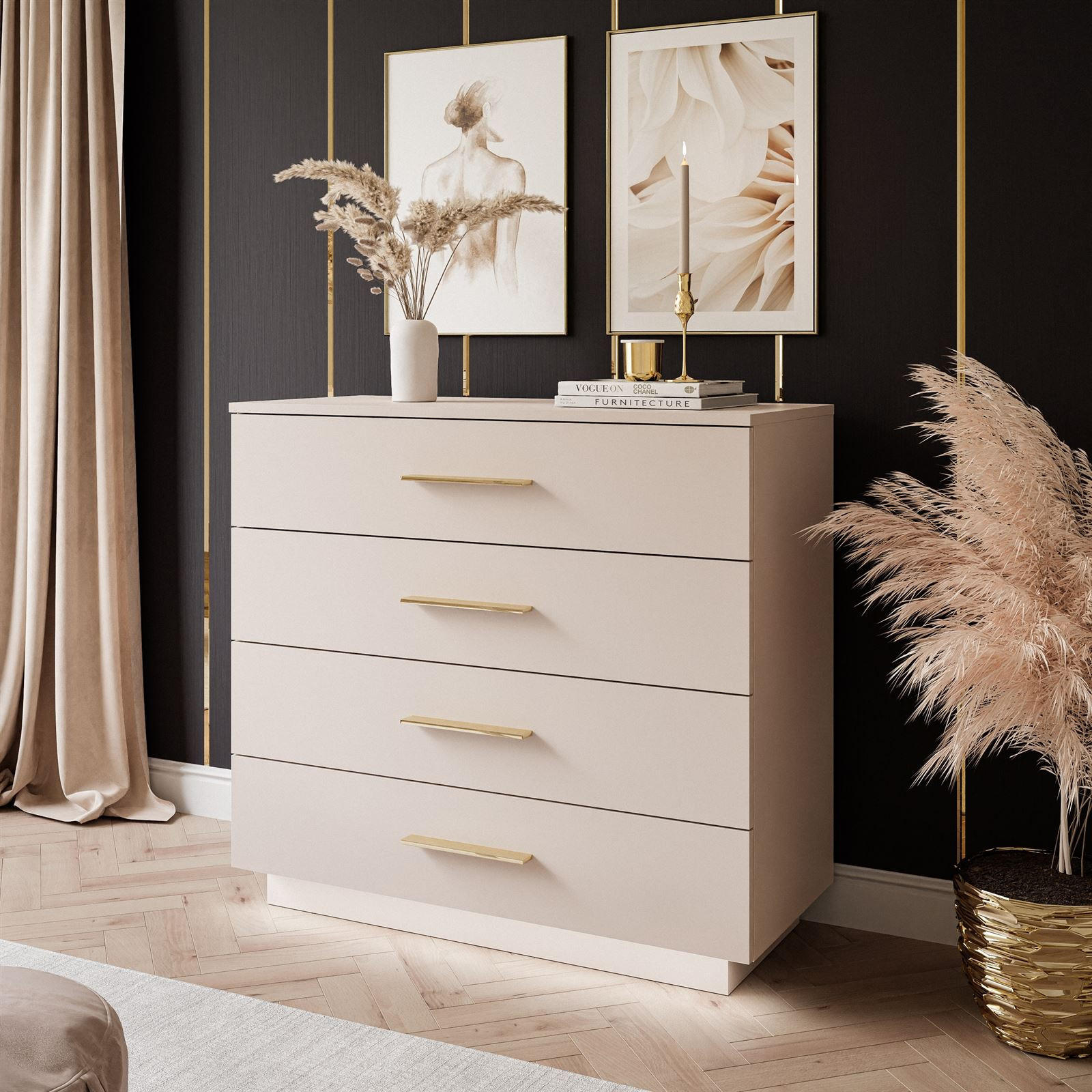 KOMMODE LINA KASCHMIR 95 cm mit LED-Beleuchtung Griffe Goldchrom - Kaschmir/Goldfarben, Holzwerkstoff (95/84/40cm) - Lookway