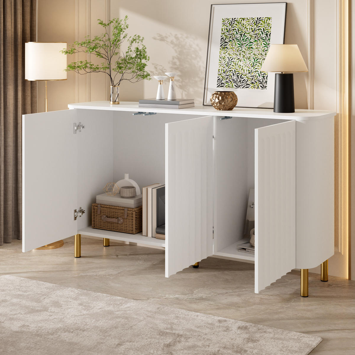 SIDEBOARD Weiß 135cm Grifflos mit 3 Türen 3D-Säulenrelief & Metallfüßen - Weiß, Holzwerkstoff (135/78/36cm) - Urban Meuble