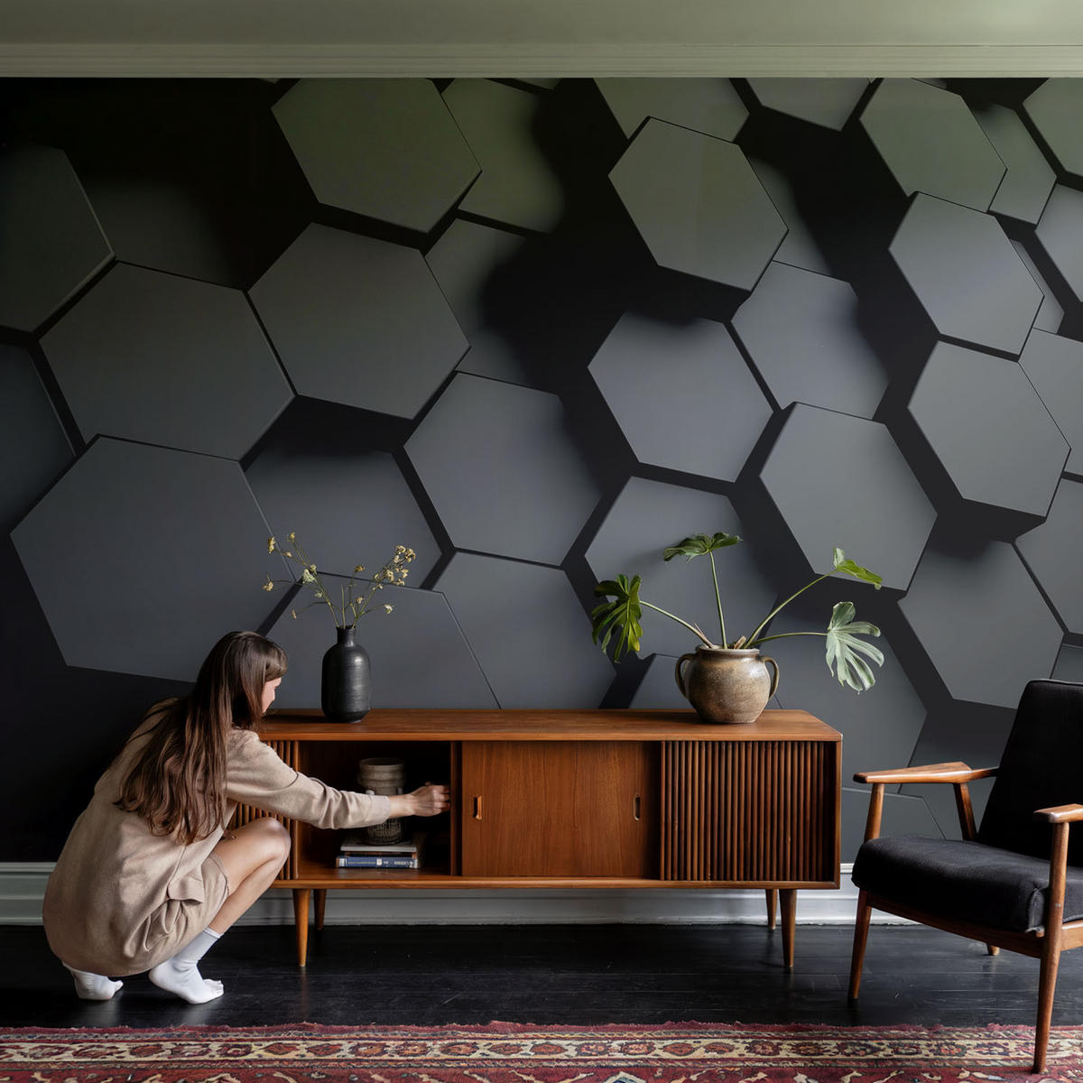 FOTOTAPETE 104x70 cm - 3D-Sechsecke - Schwarz, Textil (104/70cm) - Wallfluent