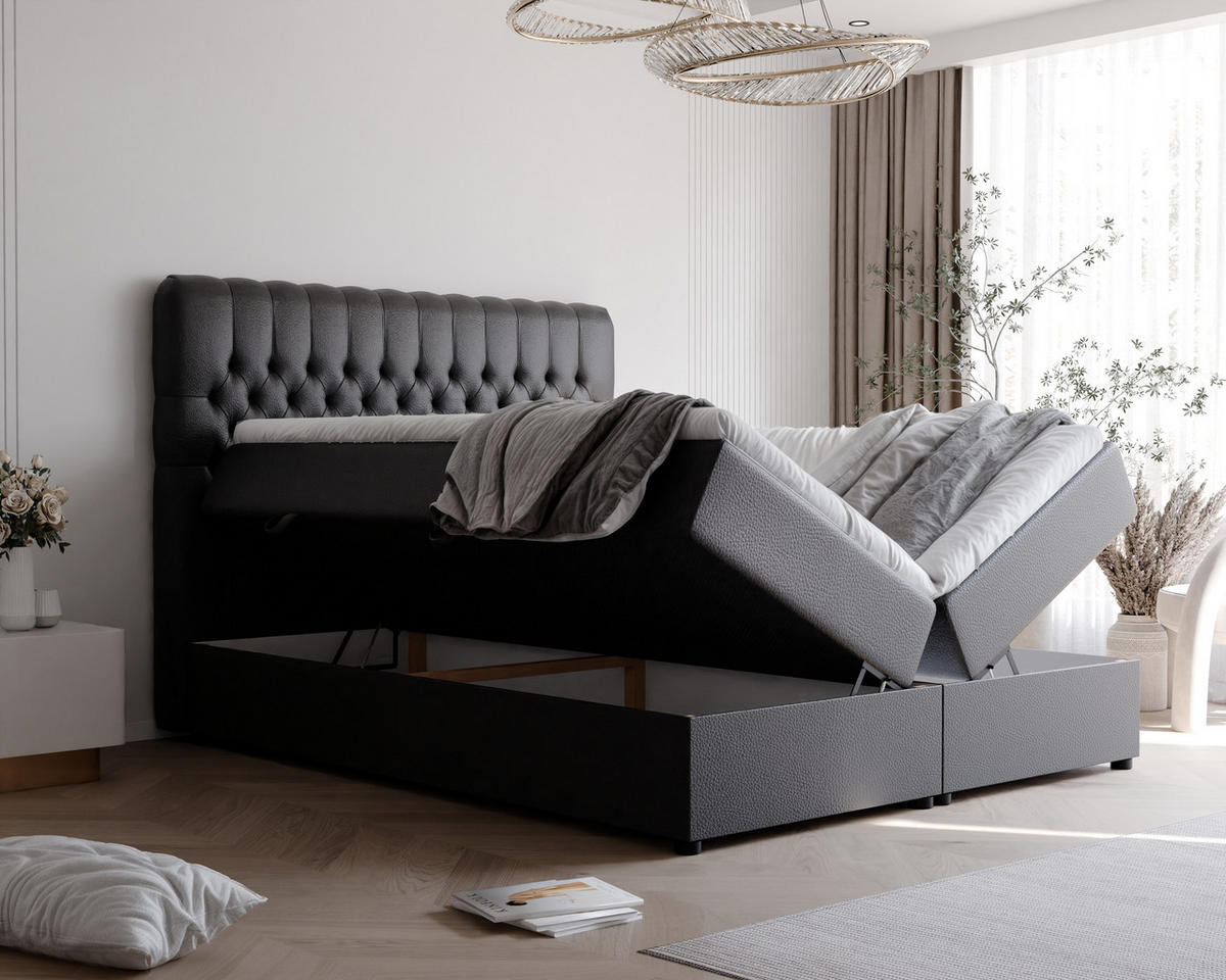 BOXBETT ALBA 120/200 cm mit Matratze und Topper, Schwarz - Schwarz, Textil (120/200cm) - Idohome