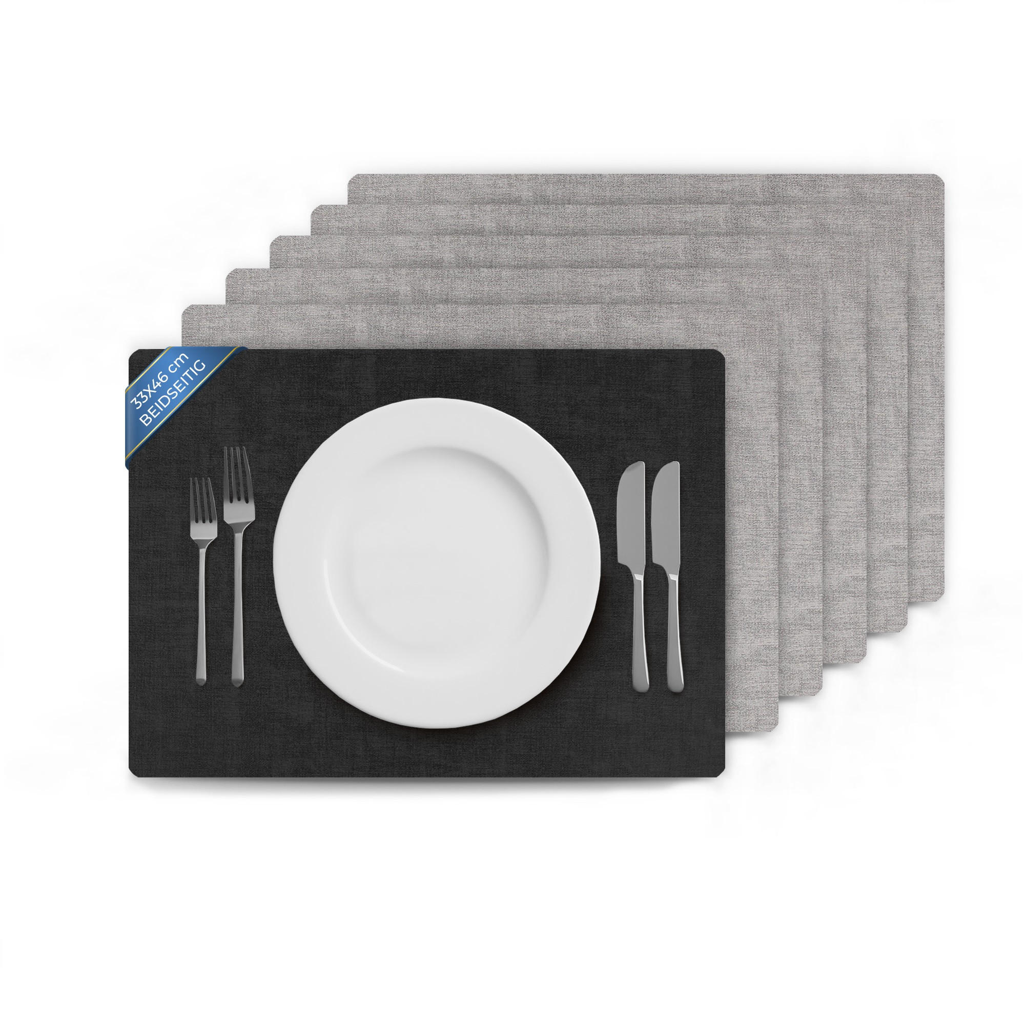 TISCHSET Struktur ( 6er Set ) abwischbares Lederimitat Platzdeckchen 46x33cm - Doppelseitiges ( Schwarz / Hellgrau ) Kunstleder Platzset - Hellgrau, Kunststoff (33/46cm) - Bestlivings