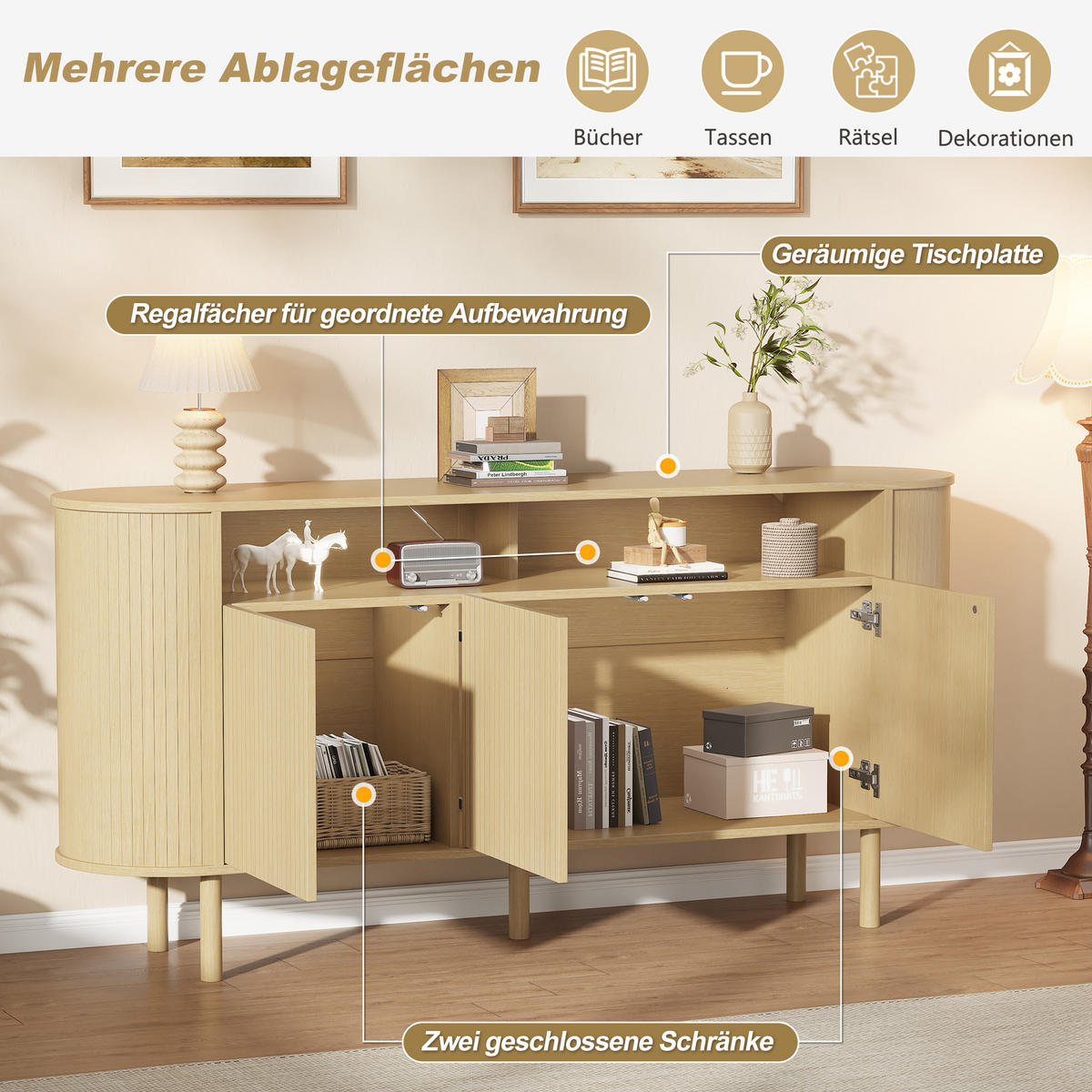 SIDEBOARD 160x40x78.5cm Naturholz mit 3 Wellentüren - Naturfarben, Holzwerkstoff (160/78.5/40cm) - FLIEKS