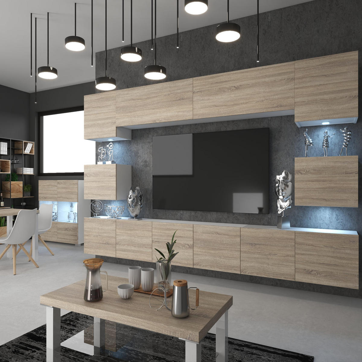 WOHNWAND Milano 3, Sonoma Eiche Matt, 300 cm, Grifflos - Sonoma Eiche, Holz (300/60/36cm) - B BELINI GROUP