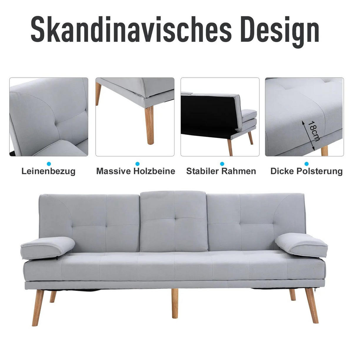 SCHLAFSOFA Polyester mit klappbarer Mittelablage, 3-fach verstellbarer Lehne 181/77/78 cm Hellgrau - Hellgrau, Textil (77/78/181cm) - Redom