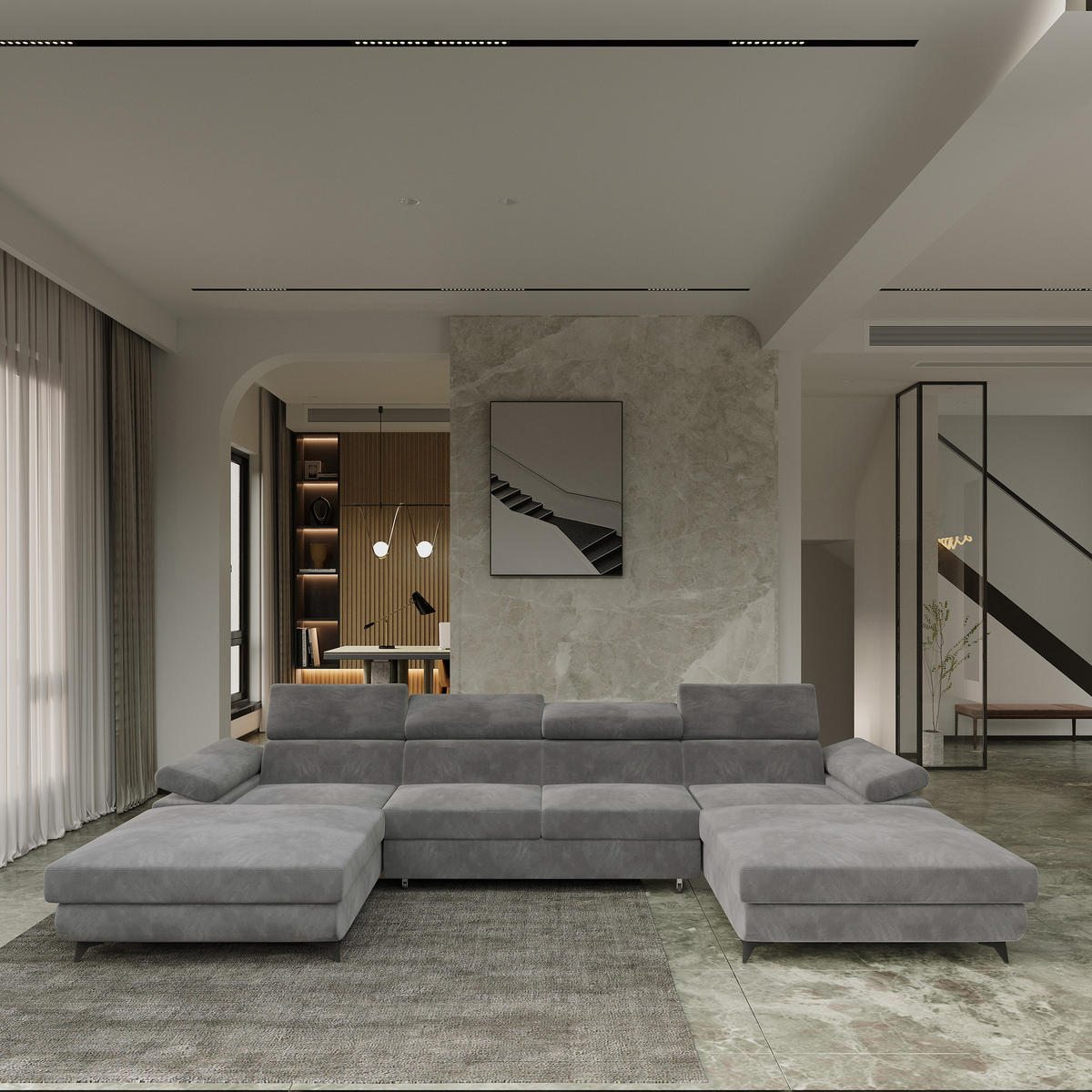 ROHOVÁ SEDAČKA DETTI šedá - šedá/černá, kov/dřevo (339/190cm) - MASSENO