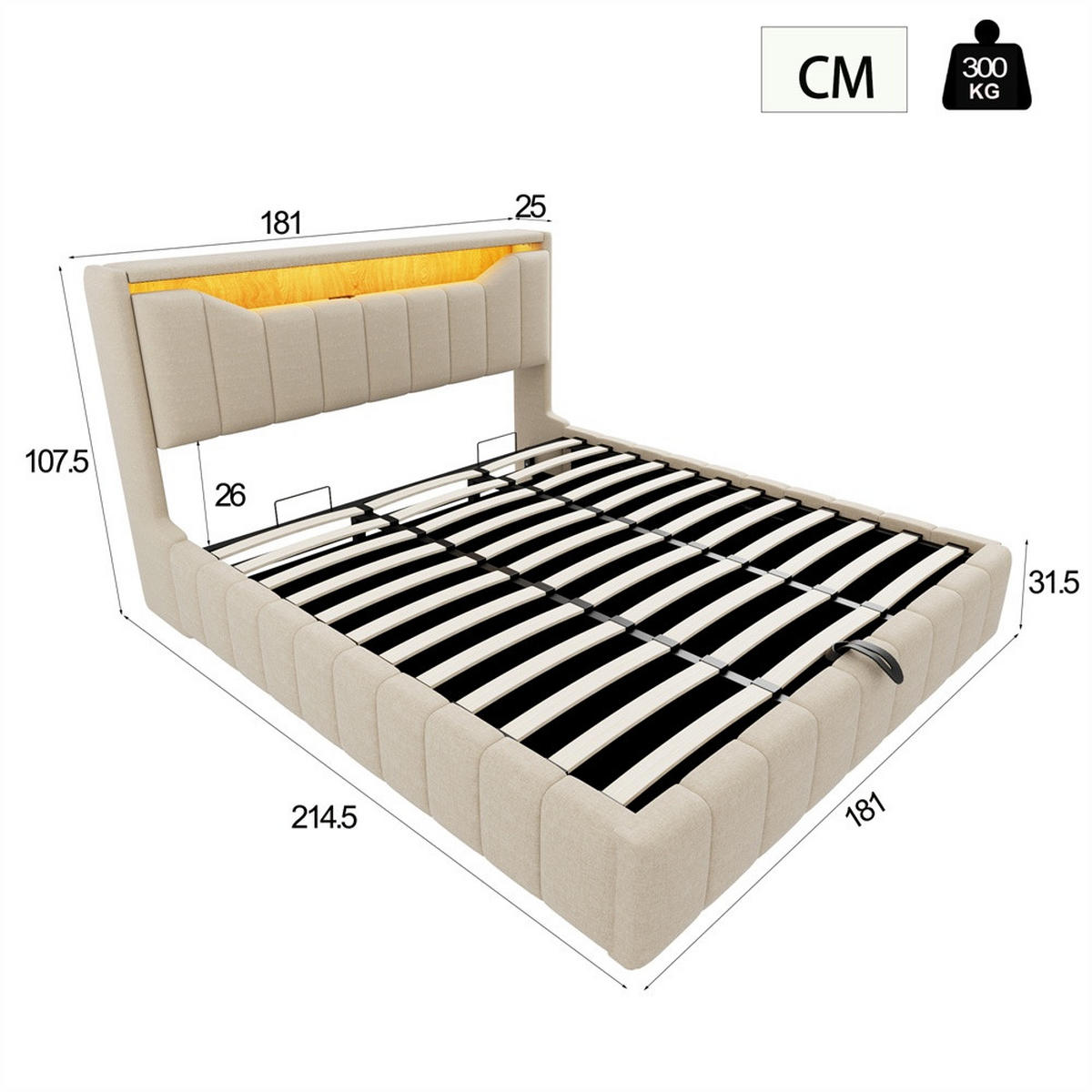 POLSTERBETT 180x200 cm mit hydraulischem Stauraum - klappbarem Kopfteil, LED & USB - Beige - ohne Matratze - Beige, Textil (180/200cm) - DELFA