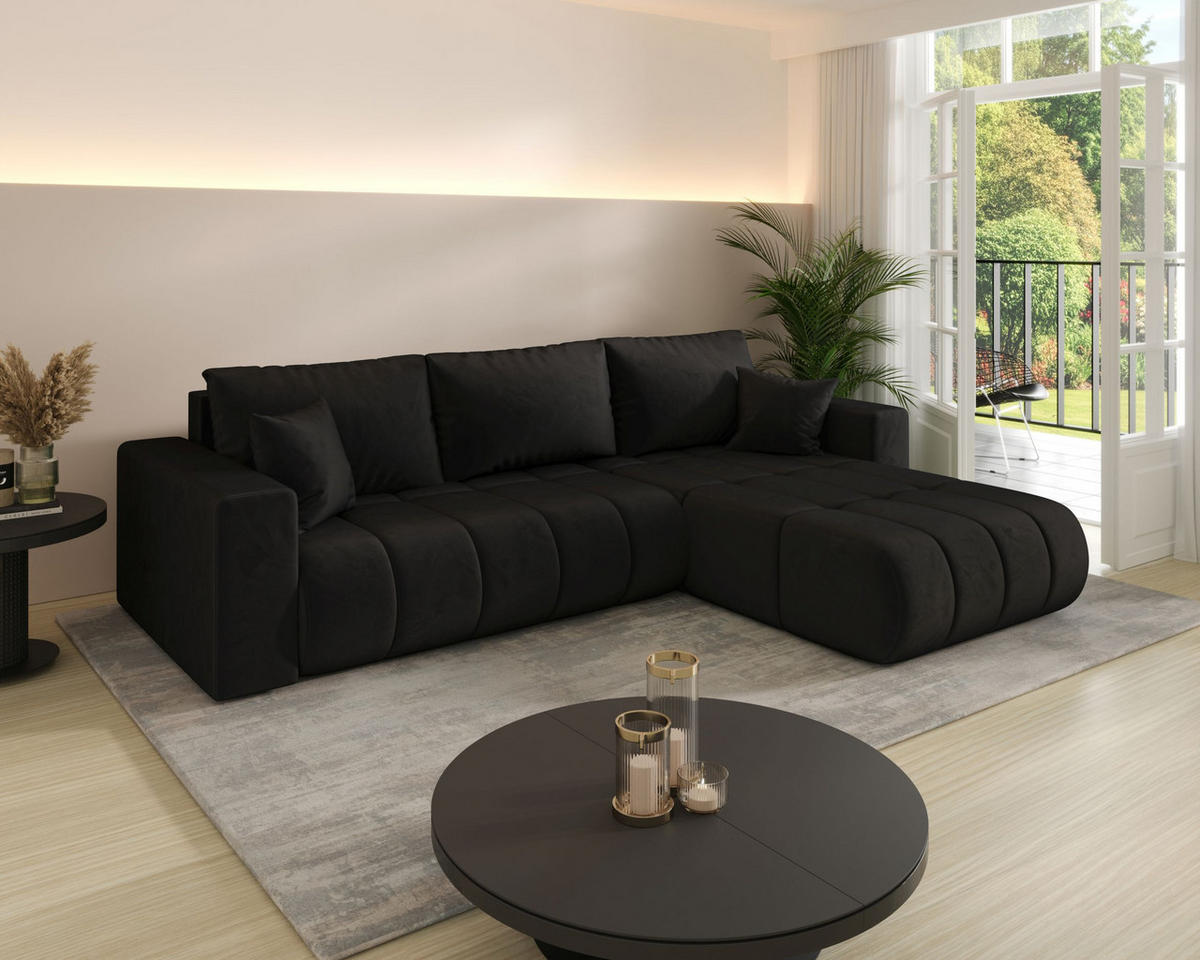 ECKSOFA LARA PREMIUM rechts schwarz Velours Monolith 97 - Schlaffunktion, Bettkasten - Schwarz, Textil (280/174cm) - Cornero