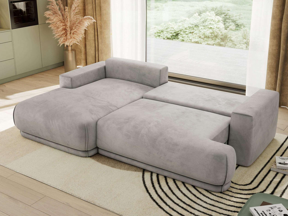 ECKSCHLAFSOFA RINA L Hellgrau Velvet - links - Hellgrau/Schwarz, Kunststoff/Textil (267/170cm) - MKS