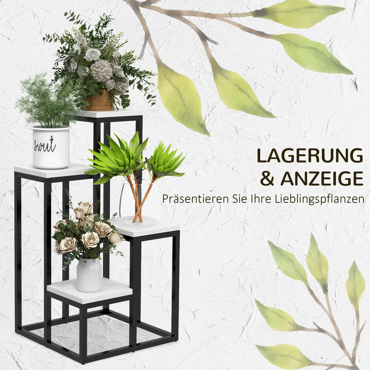 PFLANZENSTÄNDER, Tannenholz, Stahl, Schwarz+Weiß - Multicolor, Metall (34/70/34cm) - Outsunny