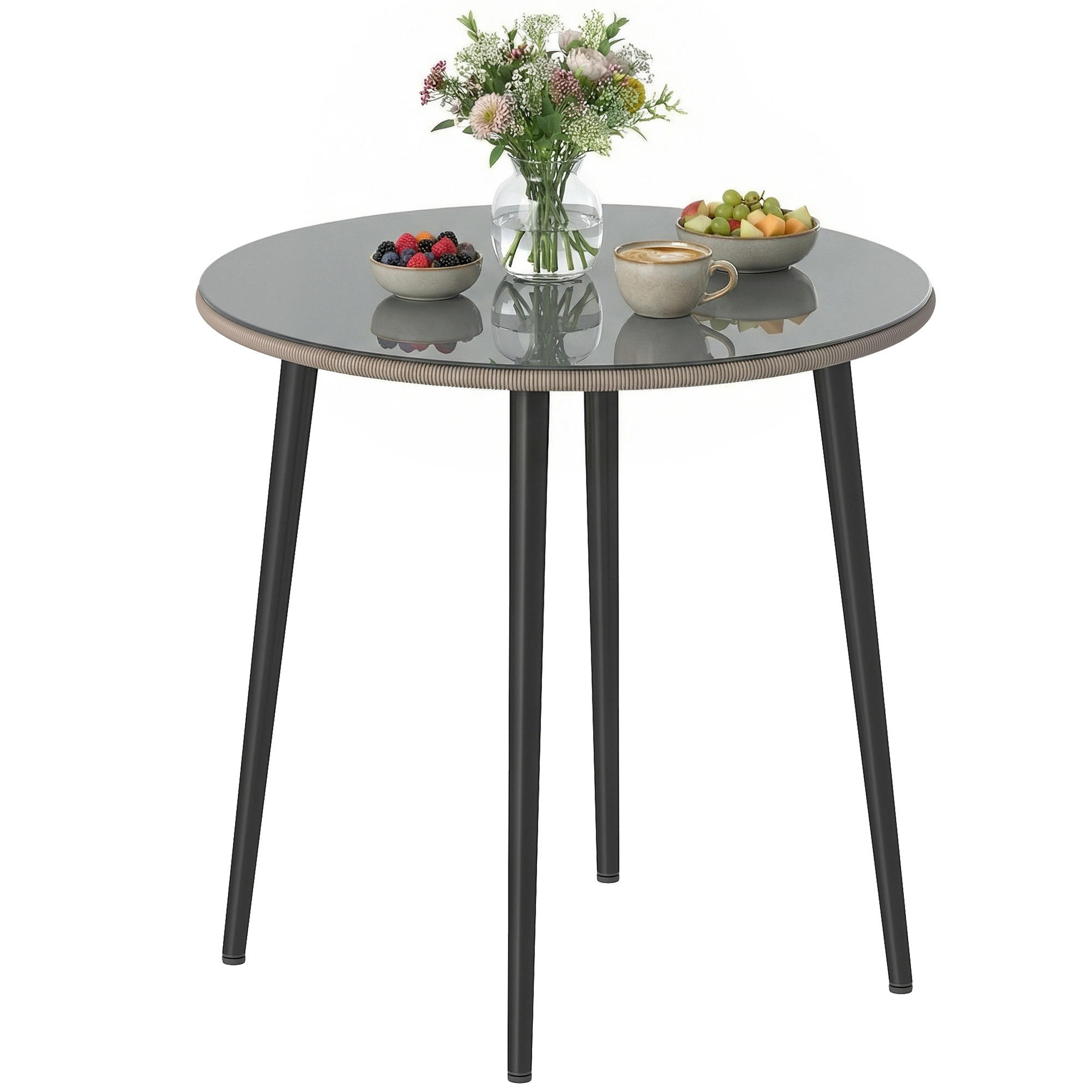 GARTENTISCH DE-07342 mit PE-Rattan-Rand und gehärteter Glasplatte Grau - Grau, Glas/Metall (80/80/74cm) - ComfortXL