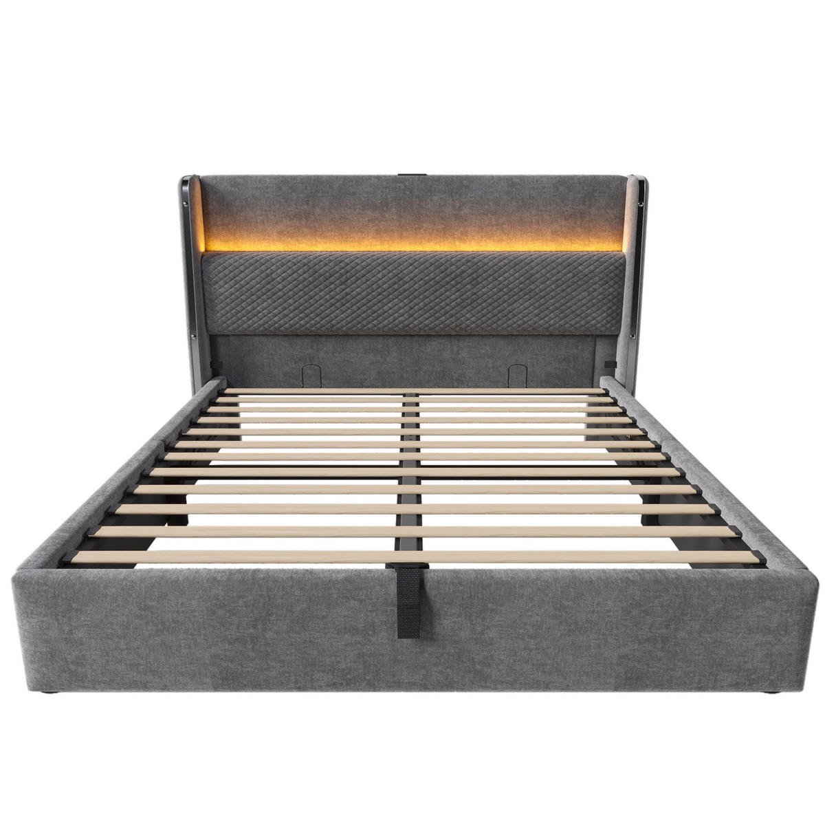 POLSTERBETT 140/200 cm mit Bettkasten, LED-Beleuchtung und gepolstertem Kopfteil - Grau, Textil (140/200cm) - BEAOK