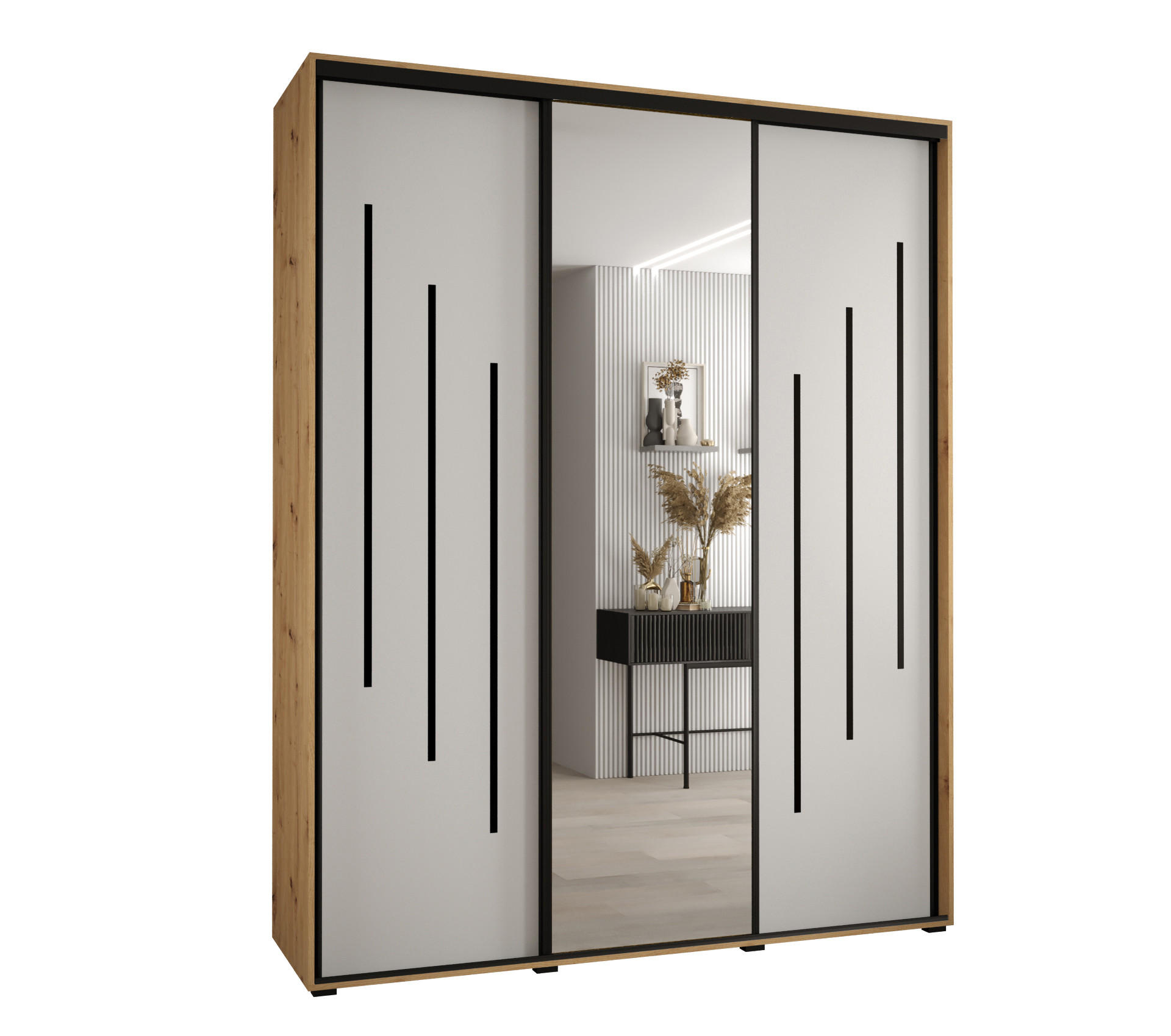 Abiks Möbel Schwebetürenschrank Eiche Artisan, Weiß, Schwarz 200x235x60 cm