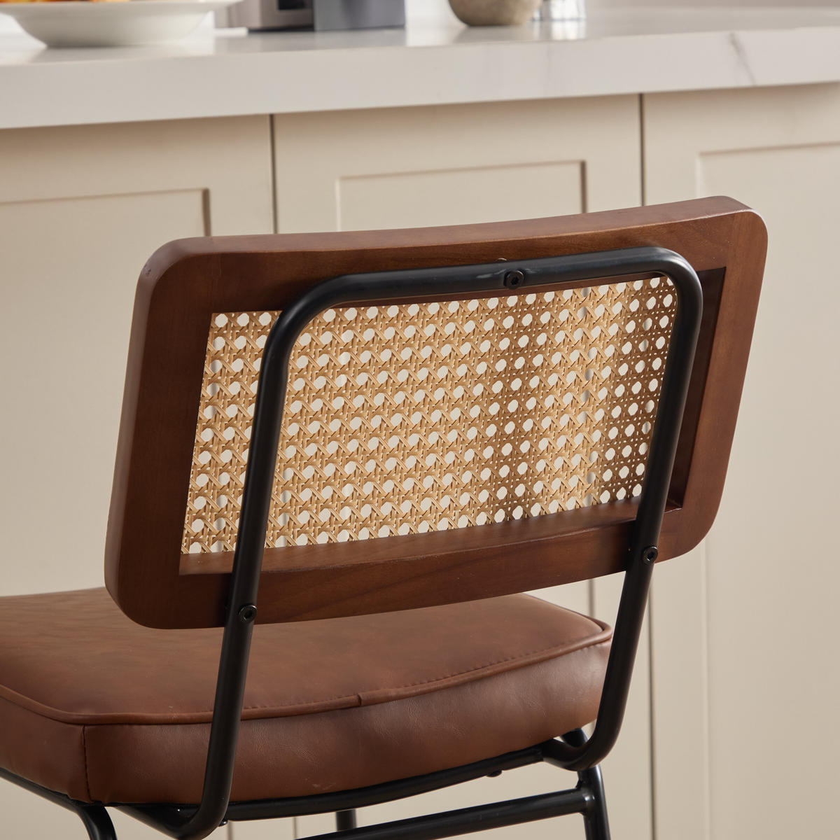 BARHOCKER 2er-Set Vintage PU-Leder Rattan-Optik Holz & Metall - Braun, Leder (46.2/96.5/59.8cm) - Urban Meuble