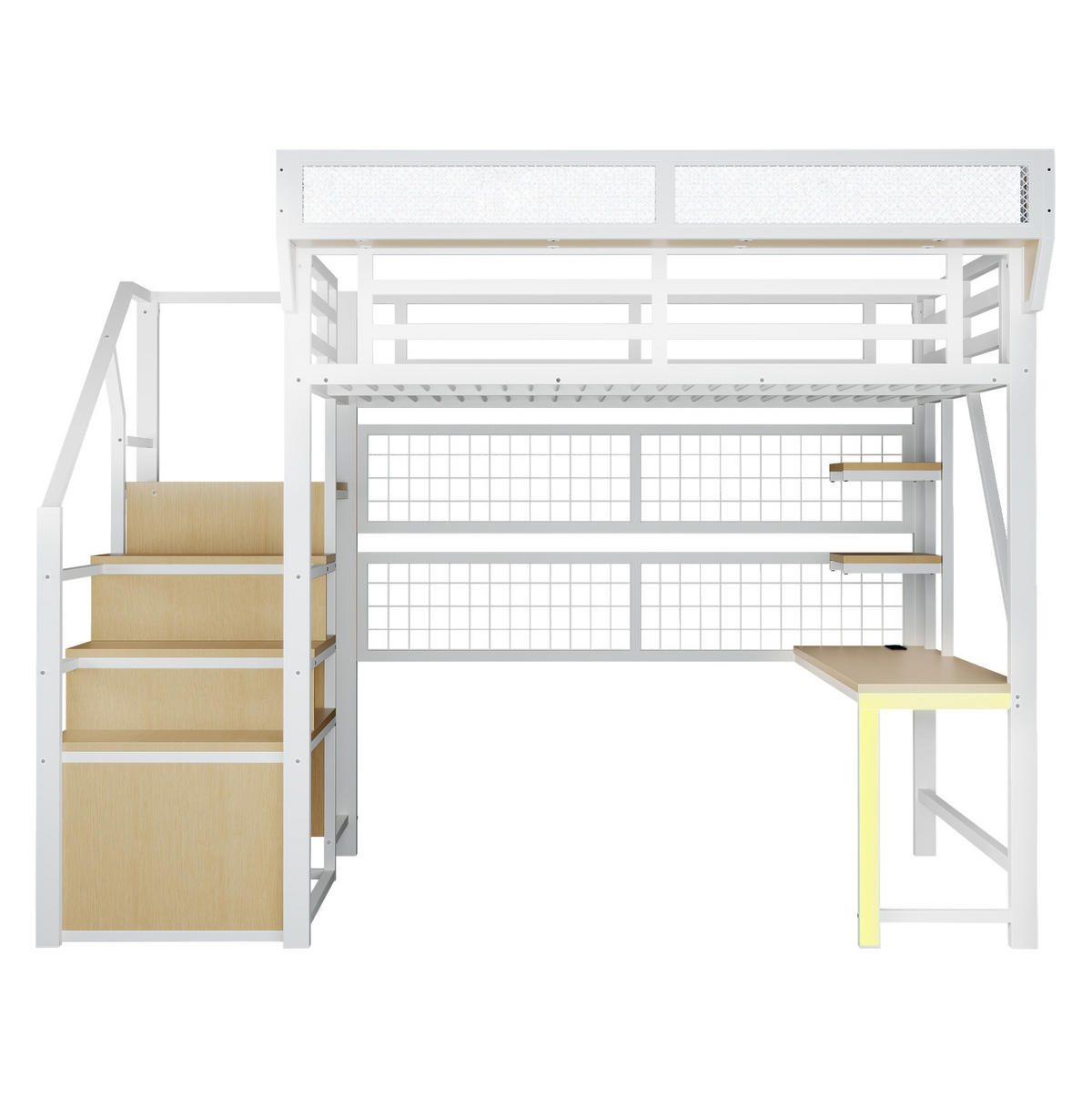 VISOKA postelja 140/200 cm bela z mizo, policami in LED osvetlitvijo iz kovine in MDF - bela, leseni material (140/200cm) - OKWISH