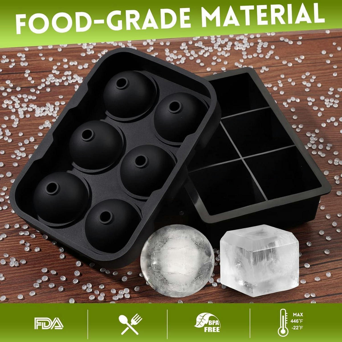 EISWÜRFELFORM Silikon XXL 6er Set Eisbälle & 6er Set Eiswürfel - Schwarz, Kunststoff (12/10/20cm)